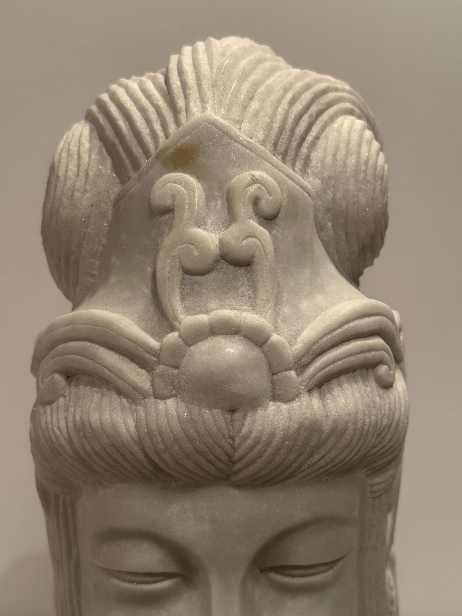 Chinese Striking Carved Marble Bust of Quan Yin Figure on Custom Stand For Sale
