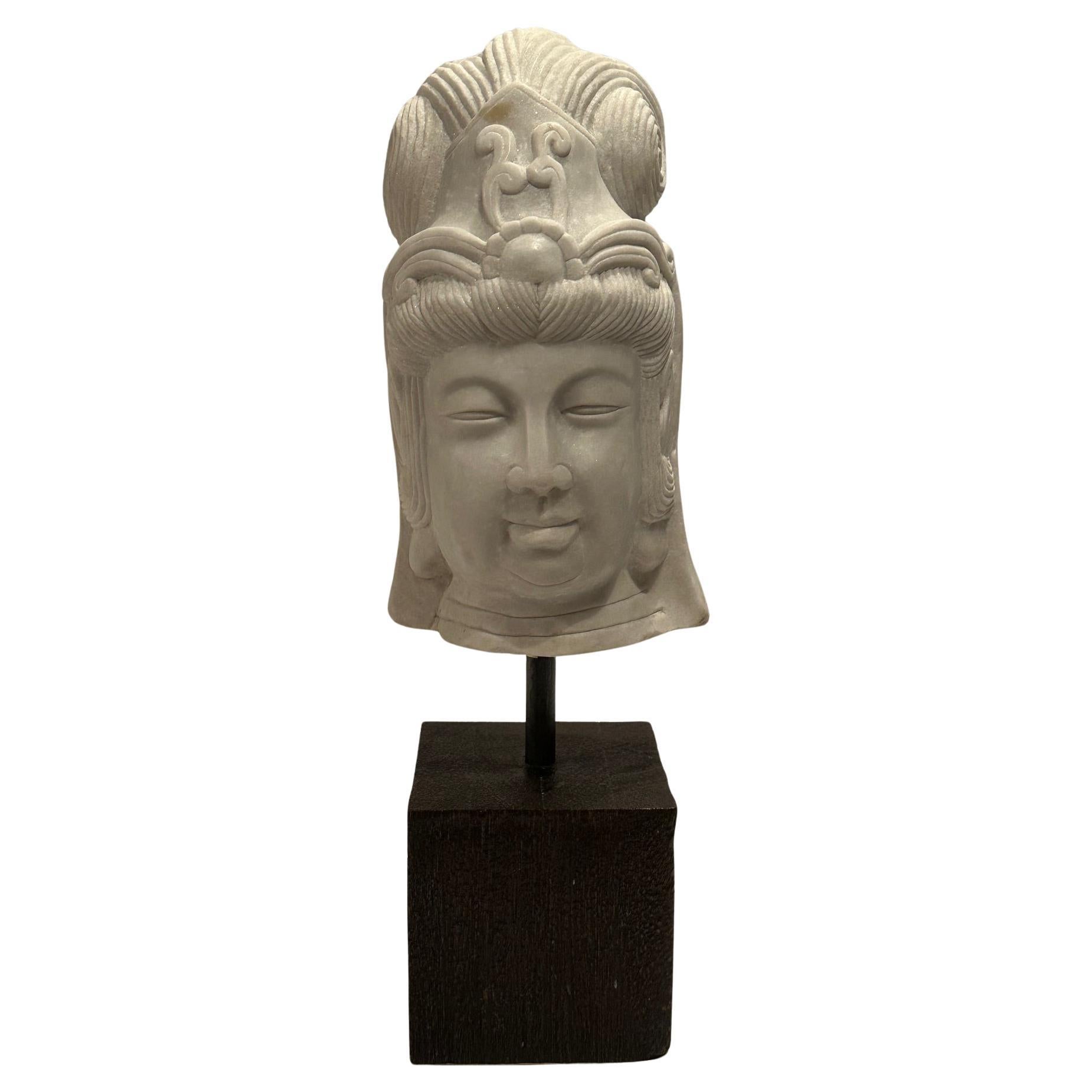 Striking Carved Marble Bust of Quan Yin Figure on Custom Stand