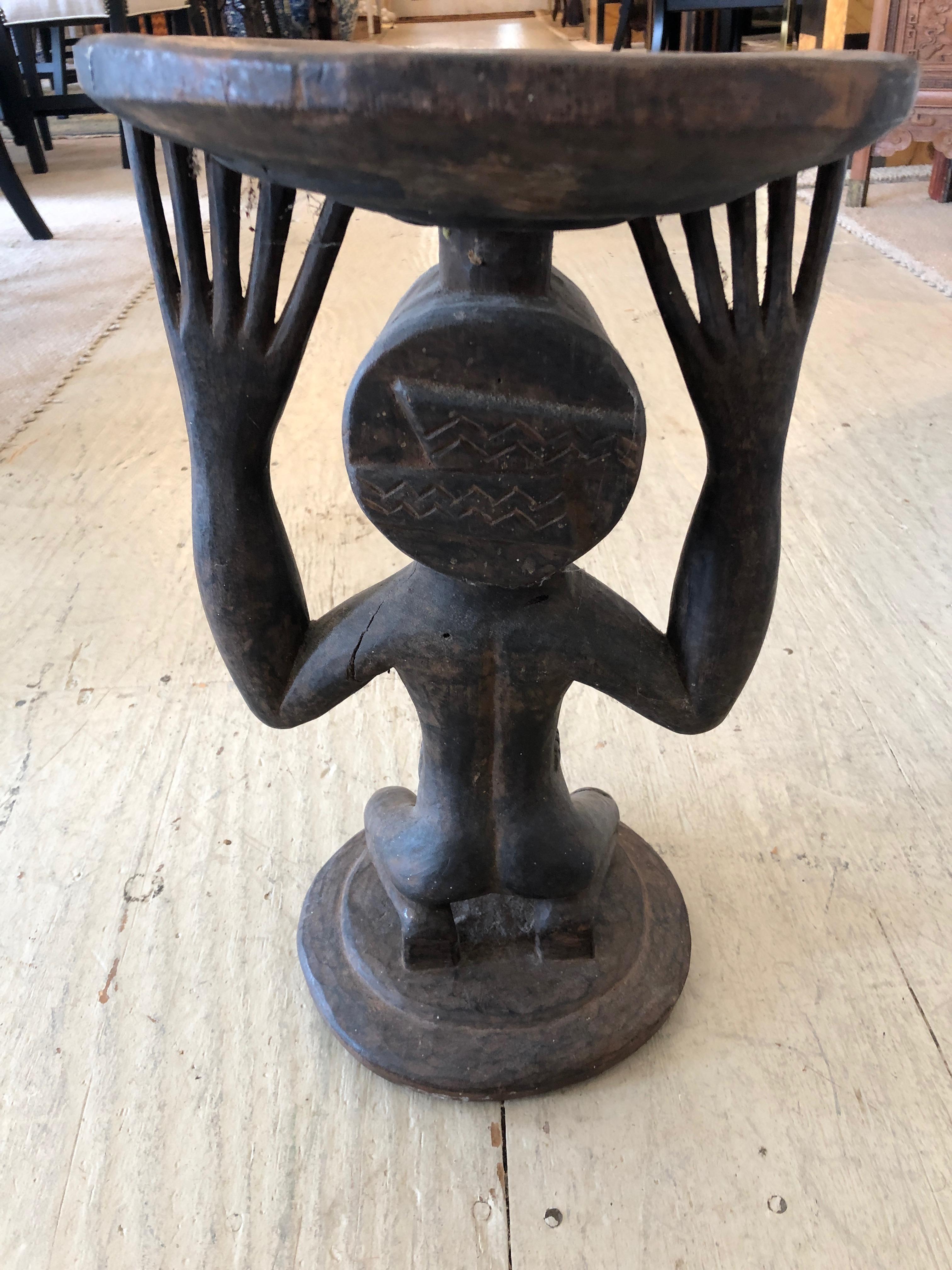 Tribal Striking Carved Wood African Figural Small Accent Table