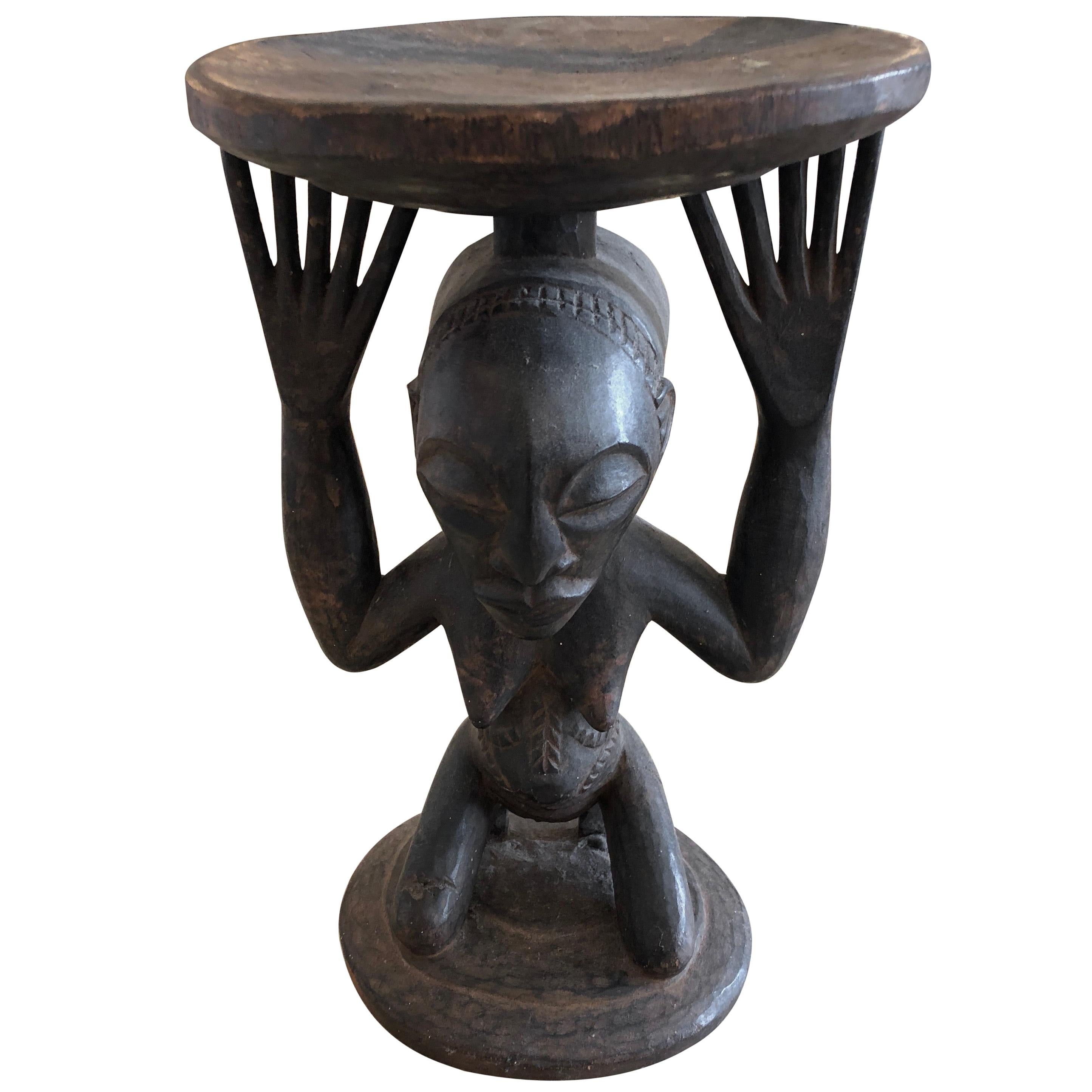Striking Carved Wood African Figural Small Accent Table