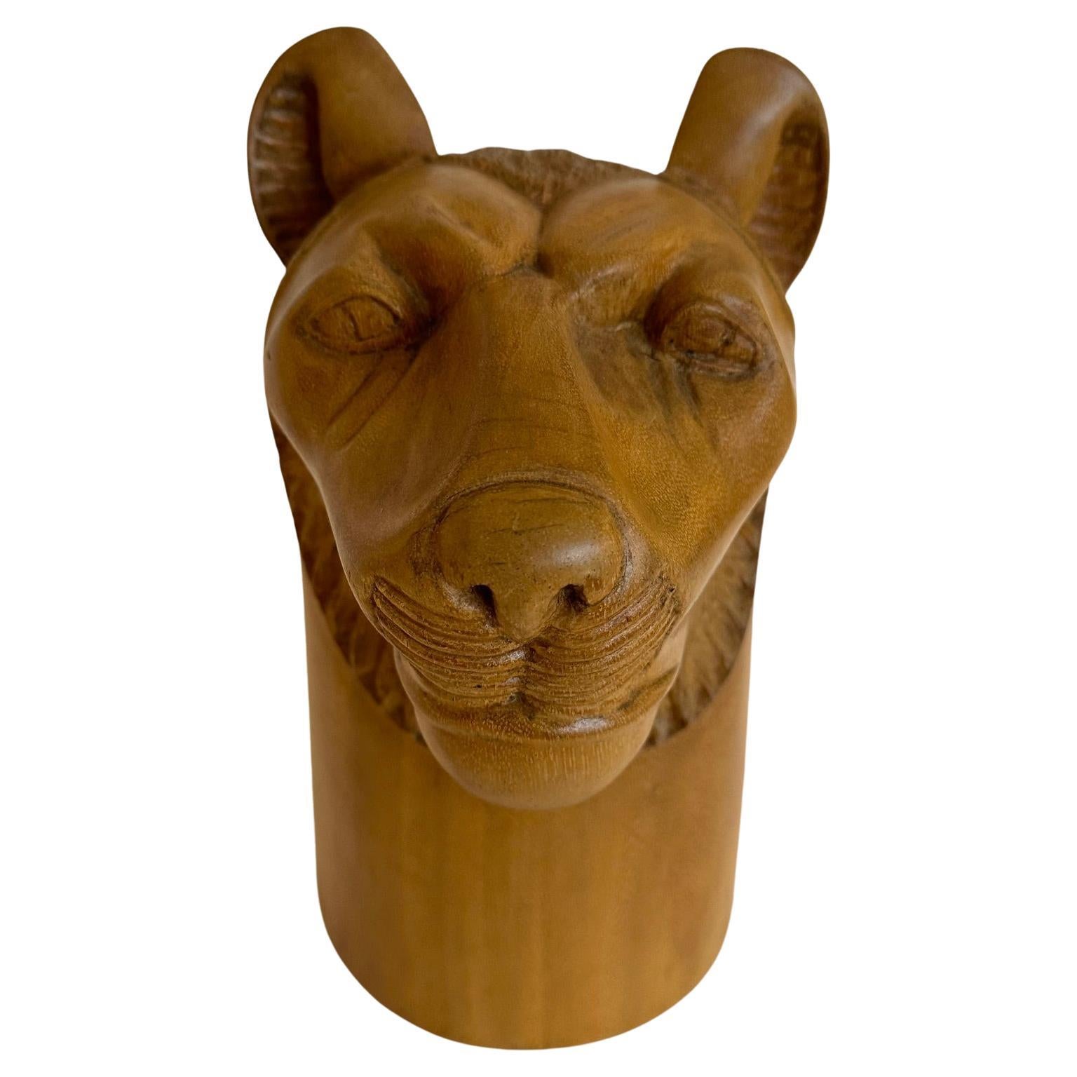 Striking Carved Wood Sculpture of a Tiger's Head For Sale