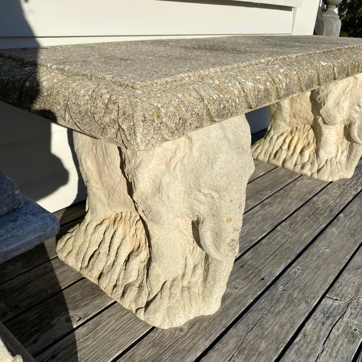 American Striking Cast Stone Bench with Elephant Base Supports