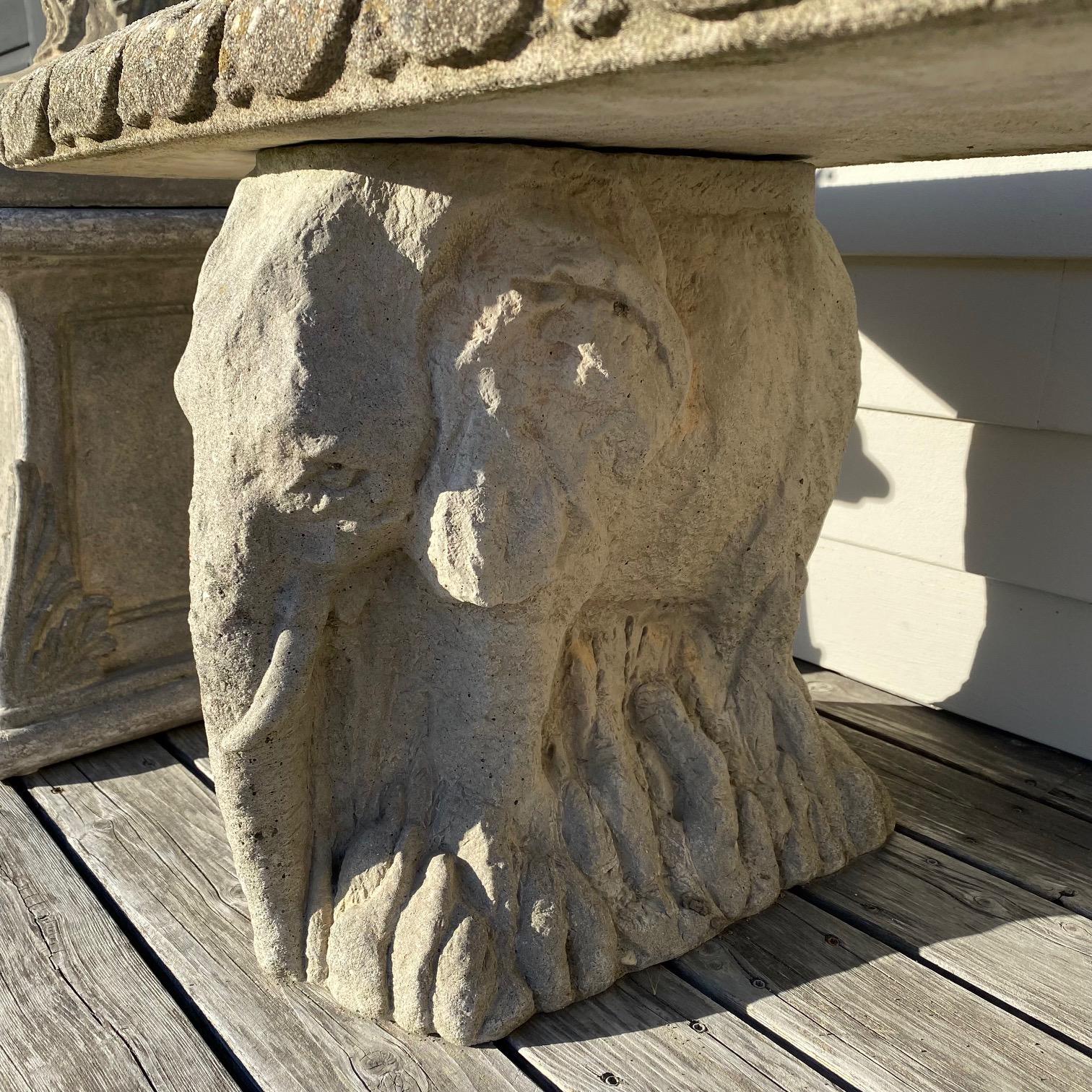 Mid-20th Century Striking Cast Stone Bench with Elephant Base Supports