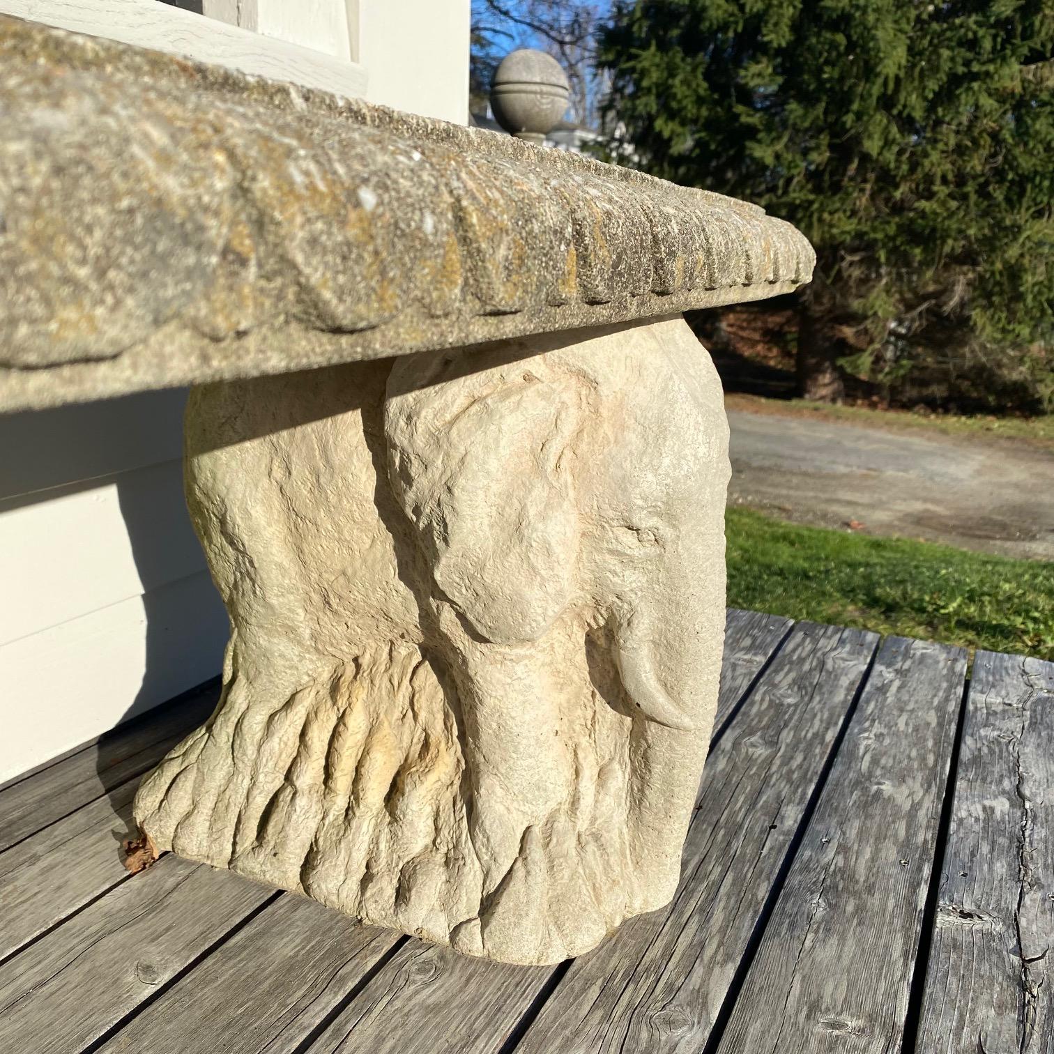 Striking Cast Stone Bench with Elephant Base Supports 1