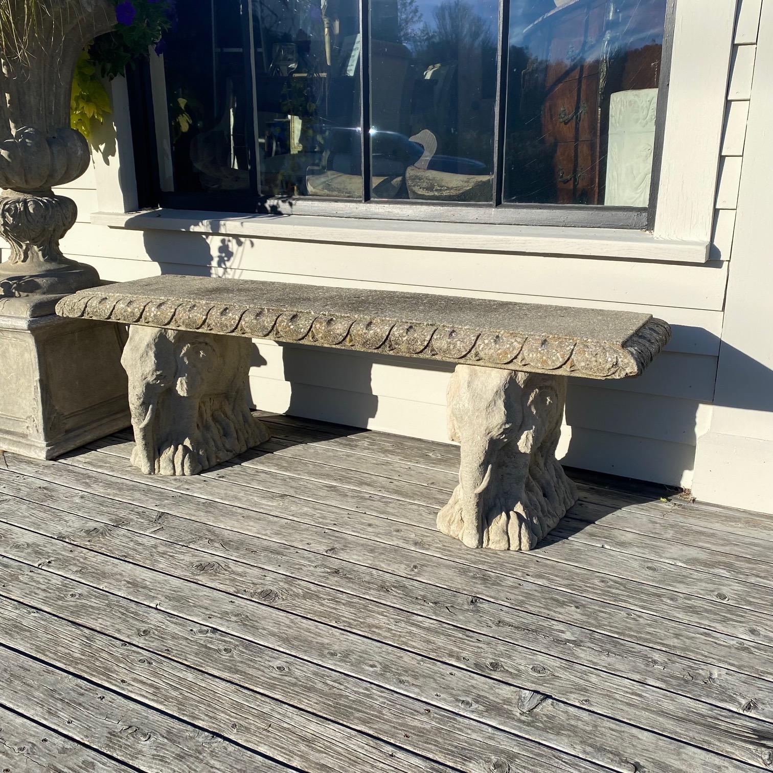 Striking Cast Stone Bench with Elephant Base Supports 2