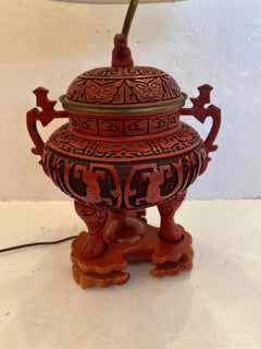 Striking Chinese Cinnabar Table Lamp with Foo Dog on Lid