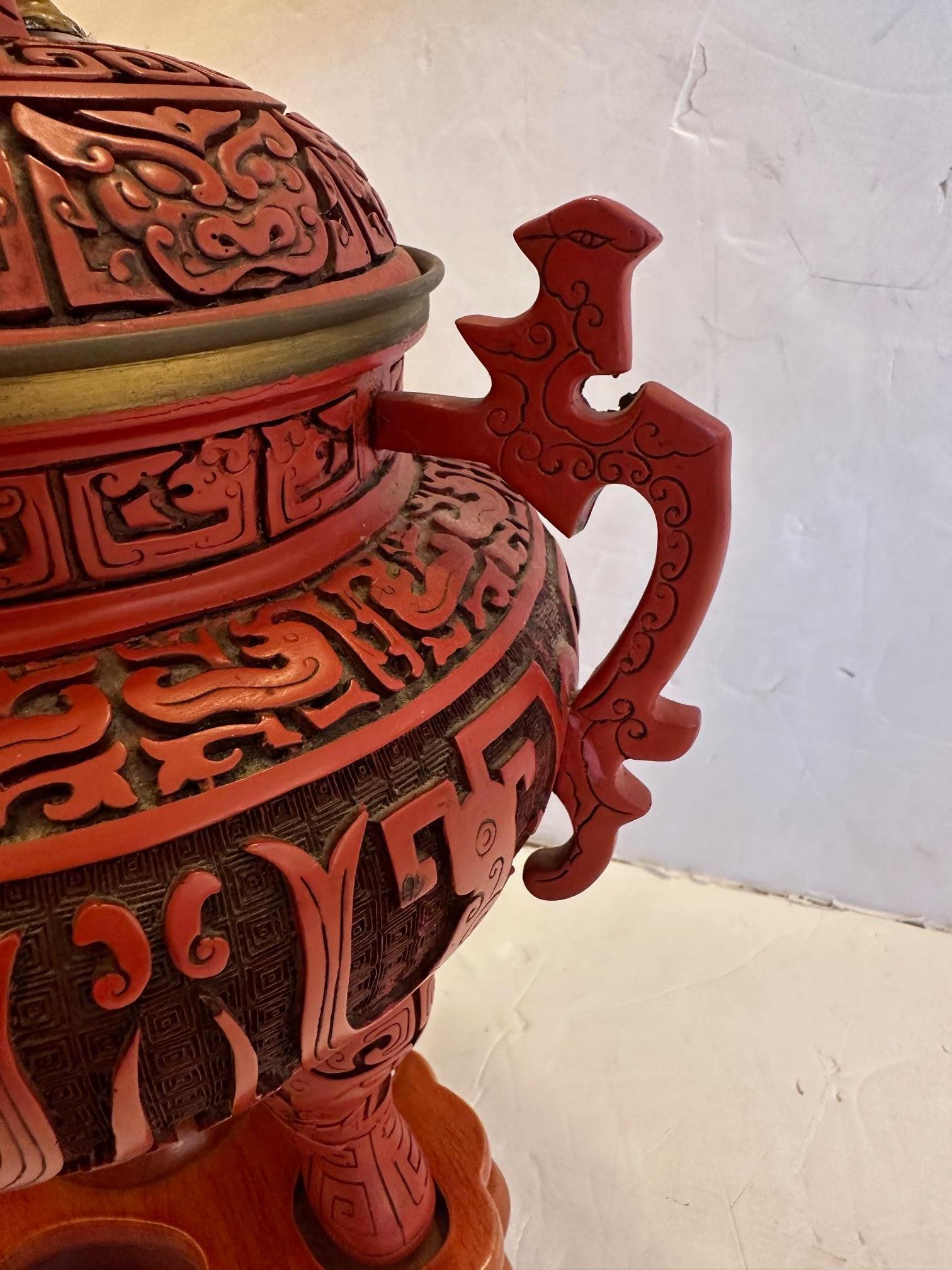 Chinese Export Striking Chinese Cinnabar Table Lamp with Foo Dog on Lid For Sale