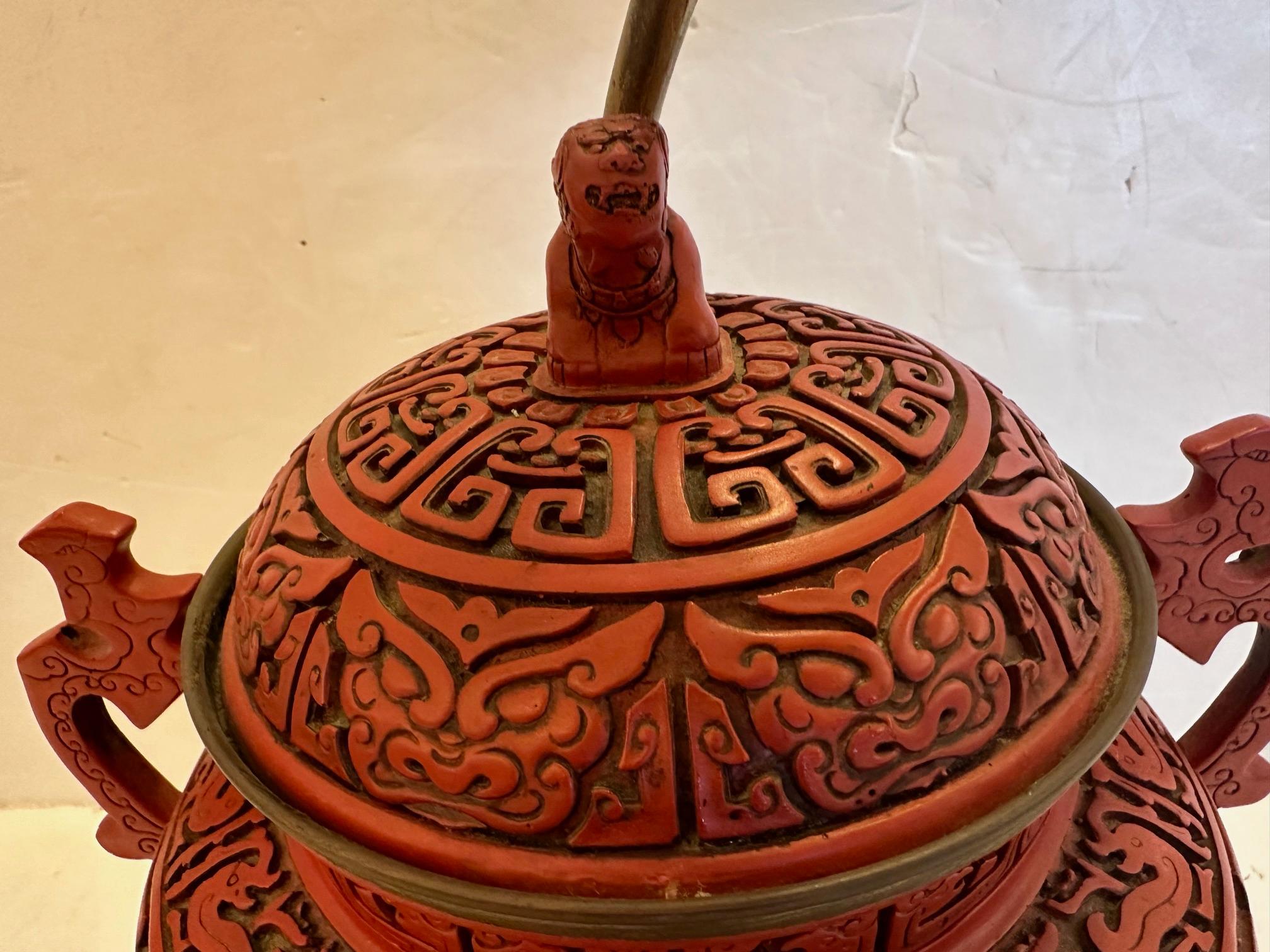 Striking Chinese Cinnabar Table Lamp with Foo Dog on Lid In Good Condition For Sale In Hopewell, NJ