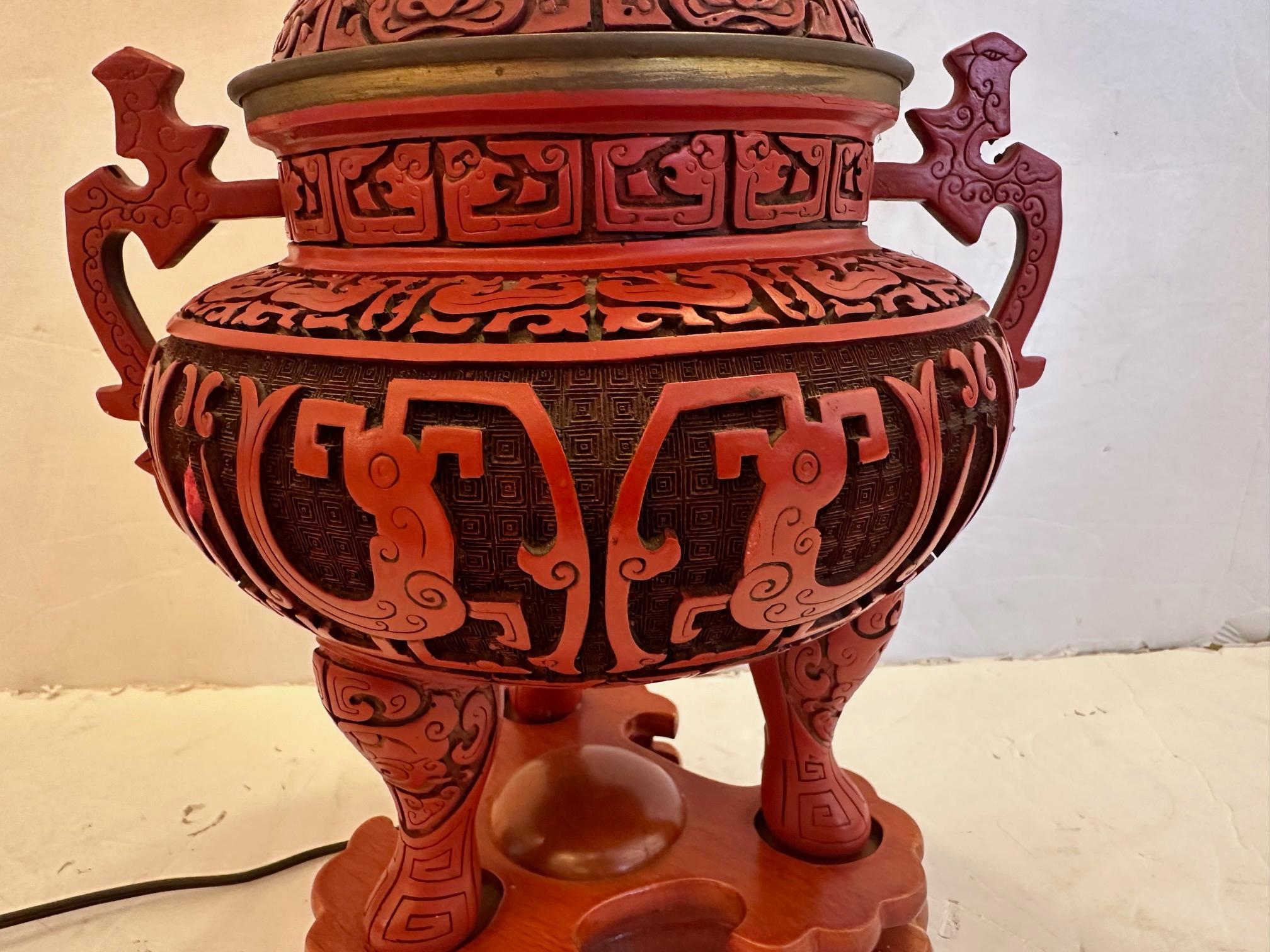 Wood Striking Chinese Cinnabar Table Lamp with Foo Dog on Lid For Sale
