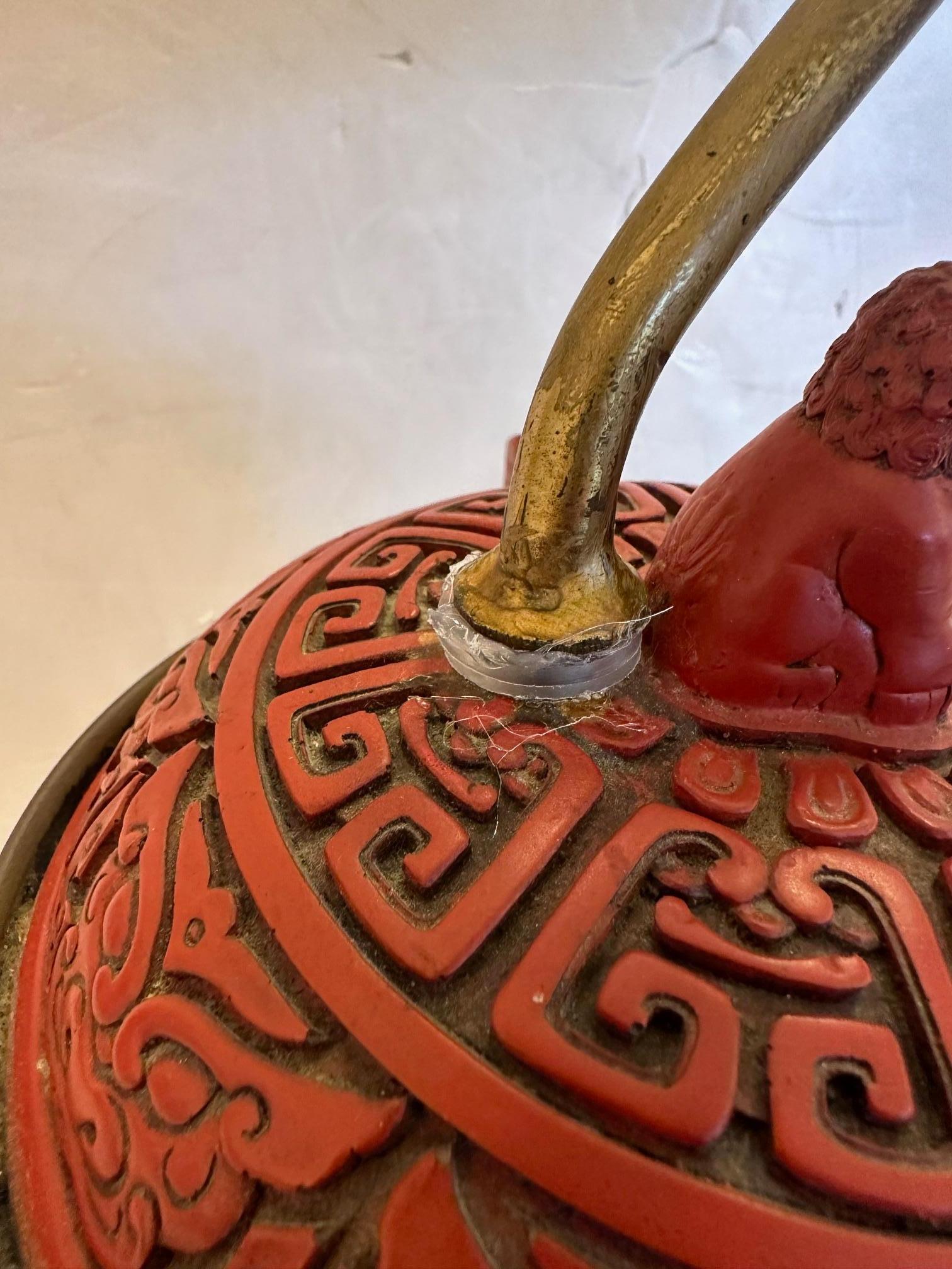 Striking Chinese Cinnabar Table Lamp with Foo Dog on Lid For Sale 2
