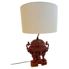 Striking Chinese Cinnabar Table Lamp with Foo Dog on Lid