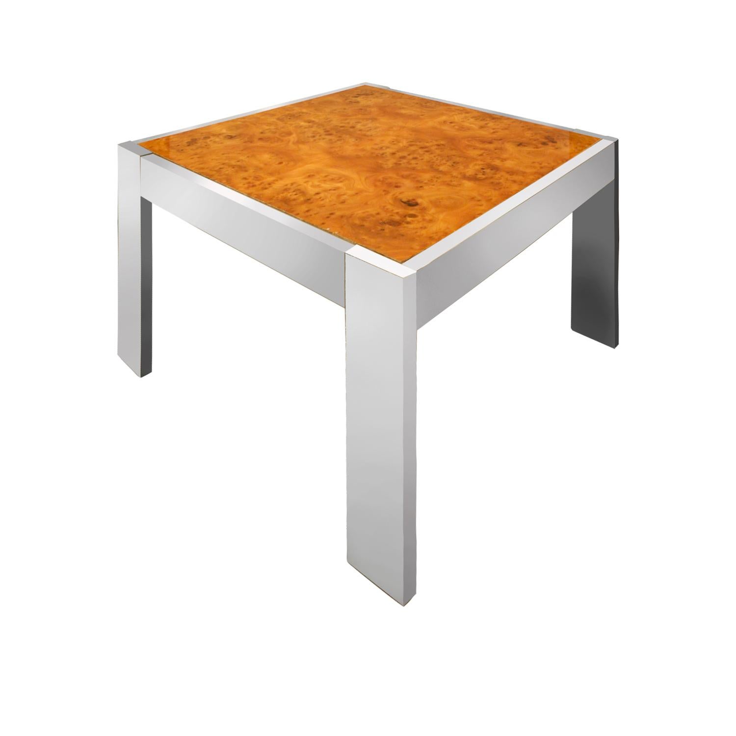 End table in chrome with lacquered bookmatched burl wood top in the style of Pace Furniture, Mexico, 1970s. The combination of polished chrome and the burl wood is very striking.