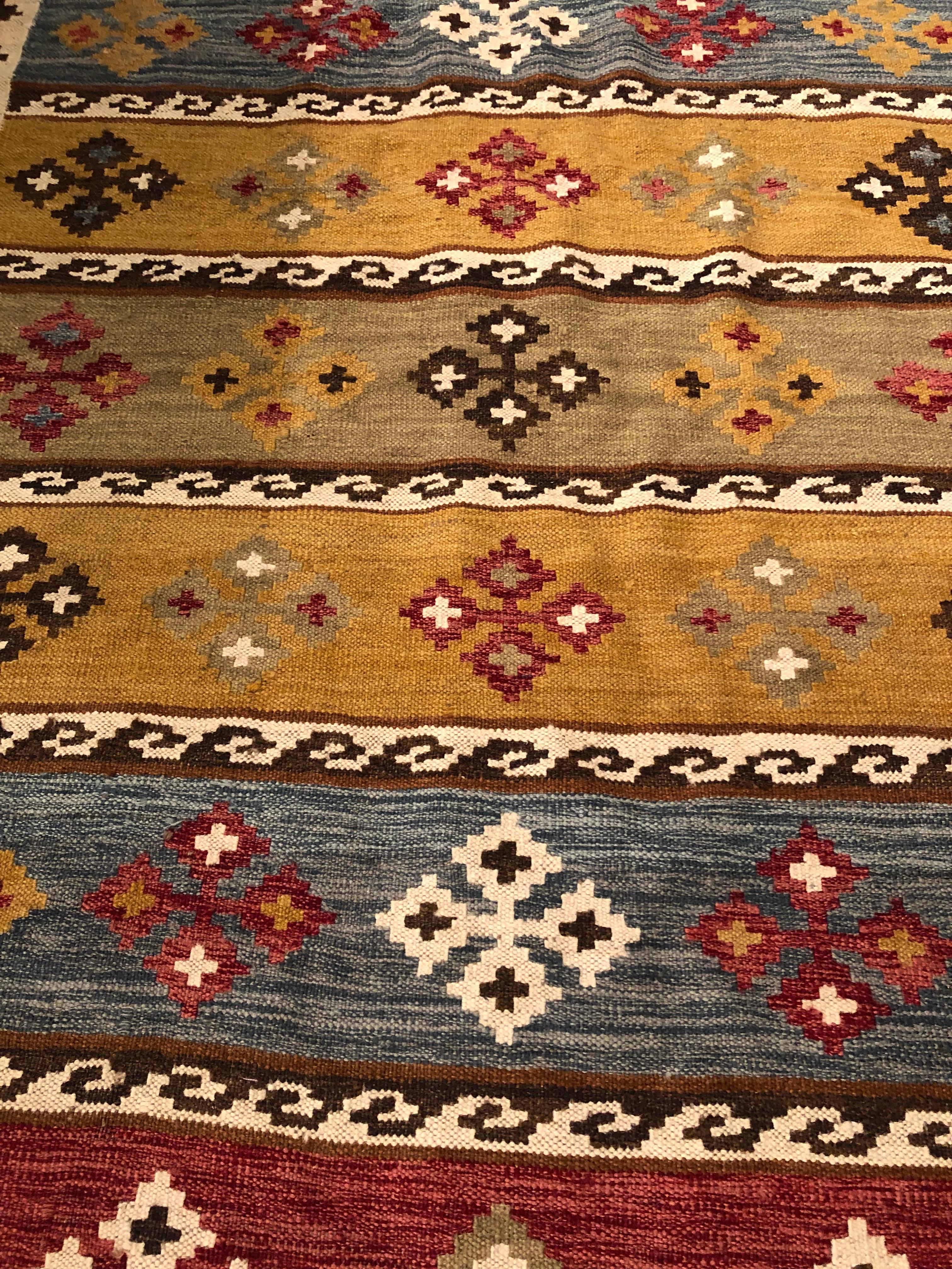 Turkish Striking Classic Kilim Rug in Brown Rust Blue and Cream For Sale