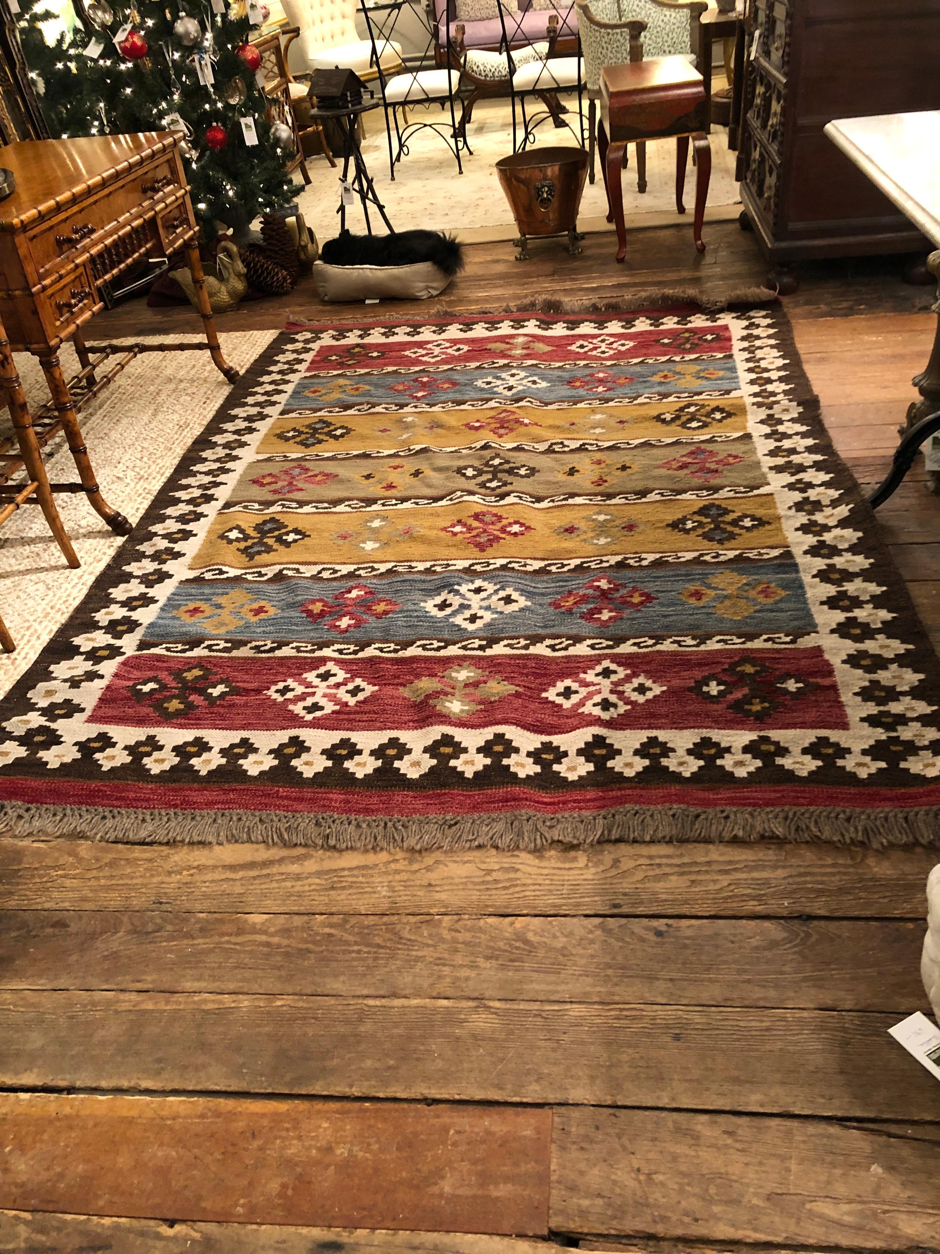 Mid-20th Century Striking Classic Kilim Rug in Brown Rust Blue and Cream For Sale