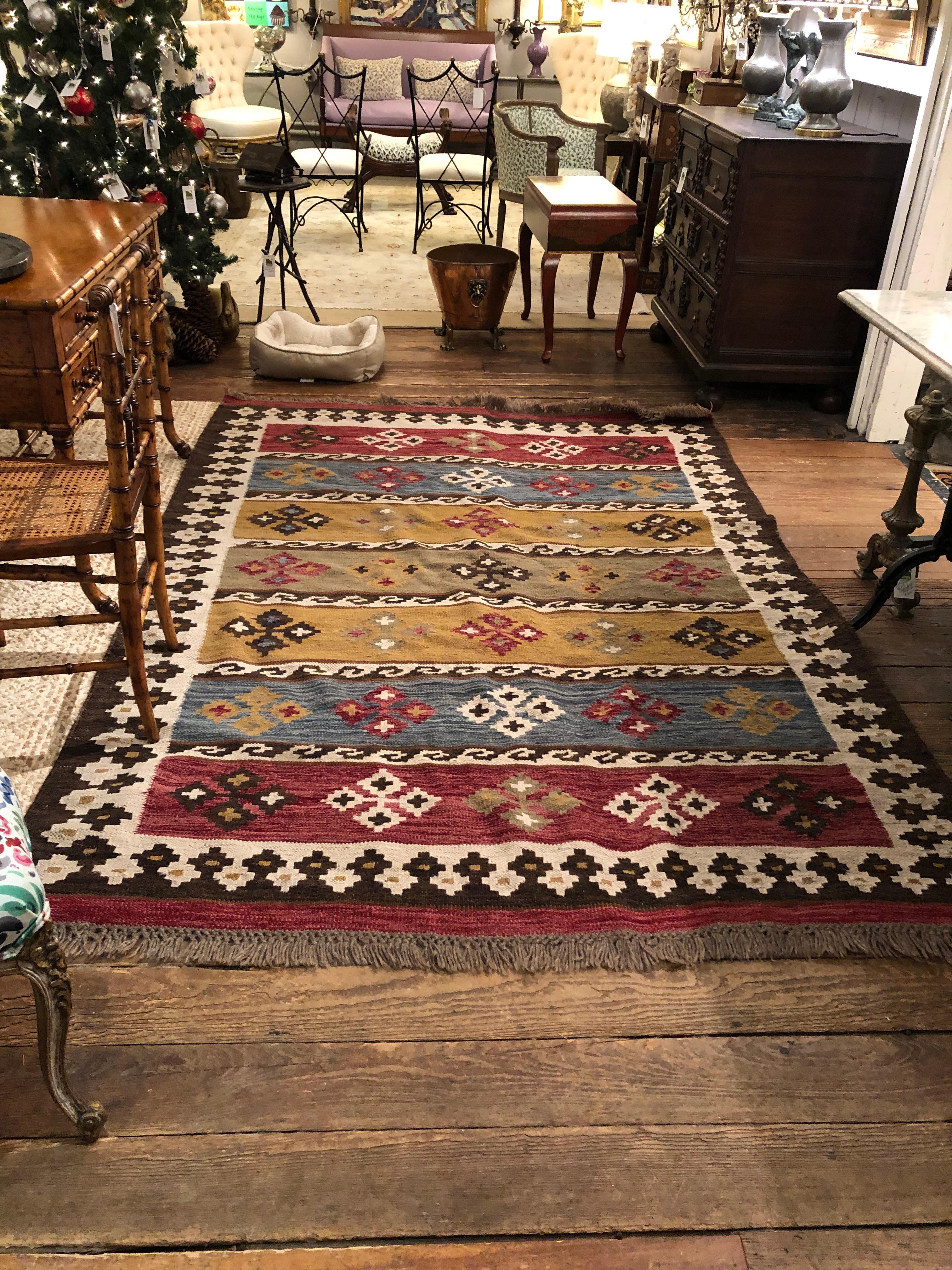 Striking Classic Kilim Rug in Brown Rust Blue and Cream For Sale 1