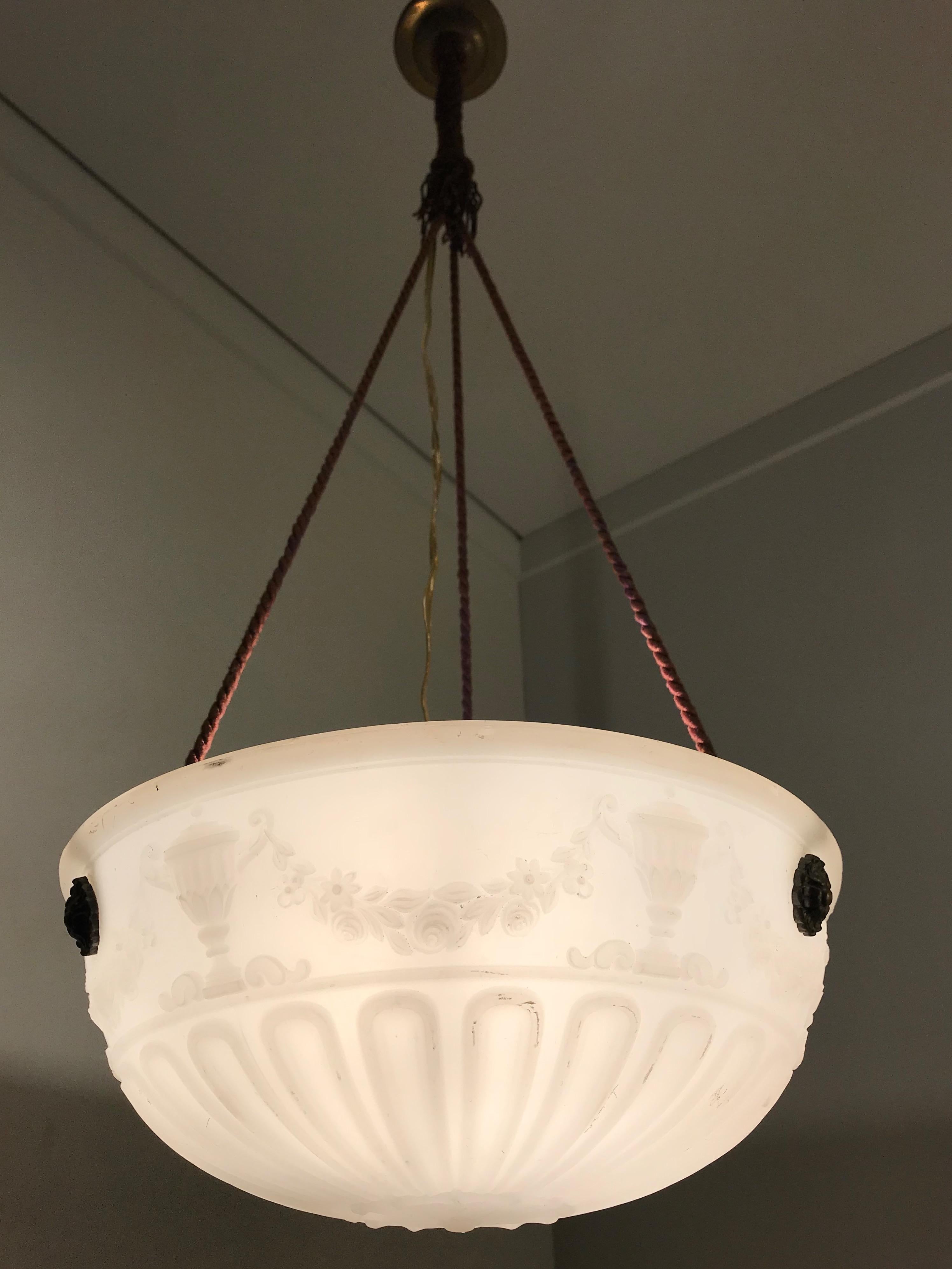 20th Century Striking Classical Design Press Glass with Original Rope Pendant / Light Fixture For Sale