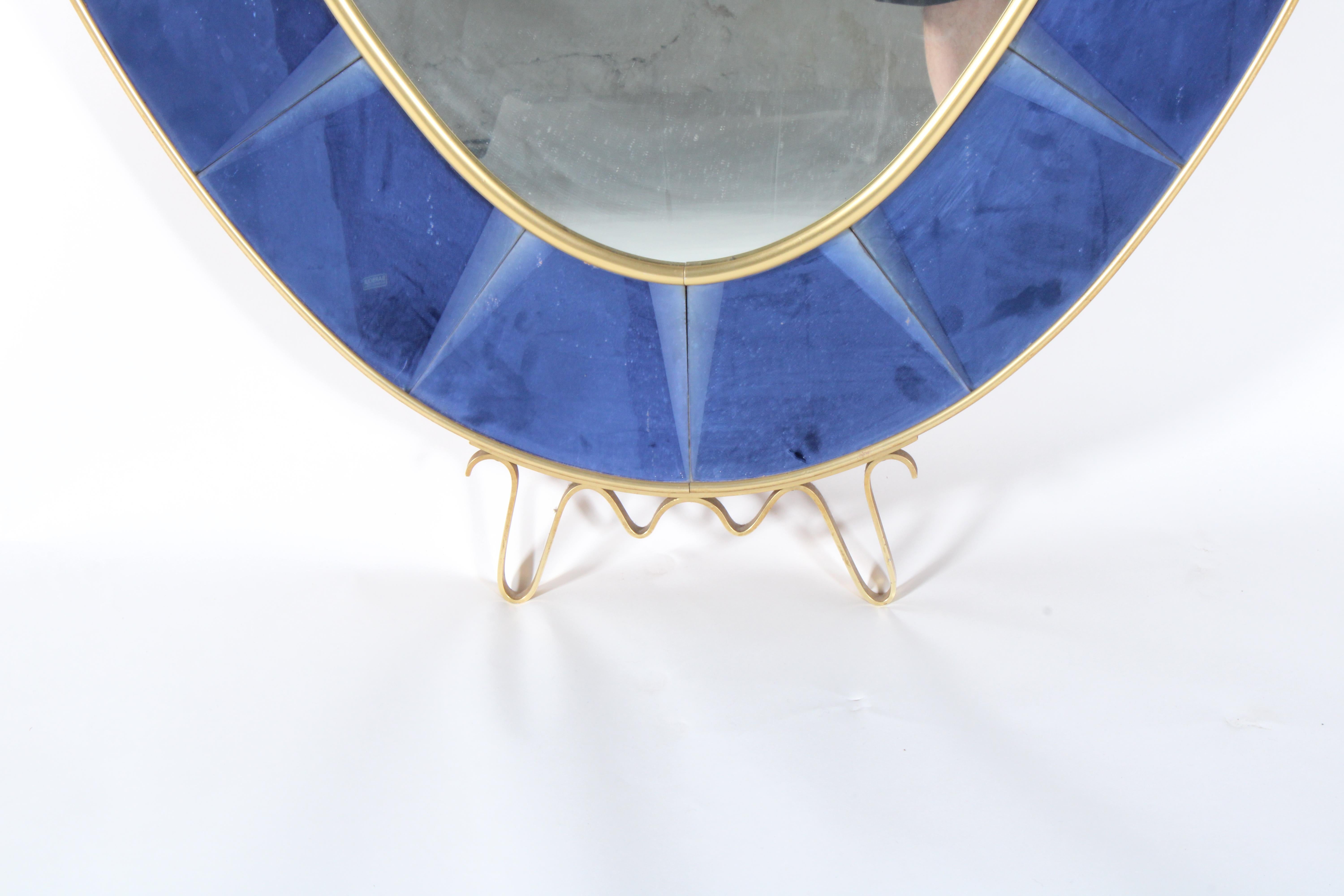 italien Remarquable miroir de sol ovale en verre taillé bleu cobalt par Cristal Arte Of Turin en vente