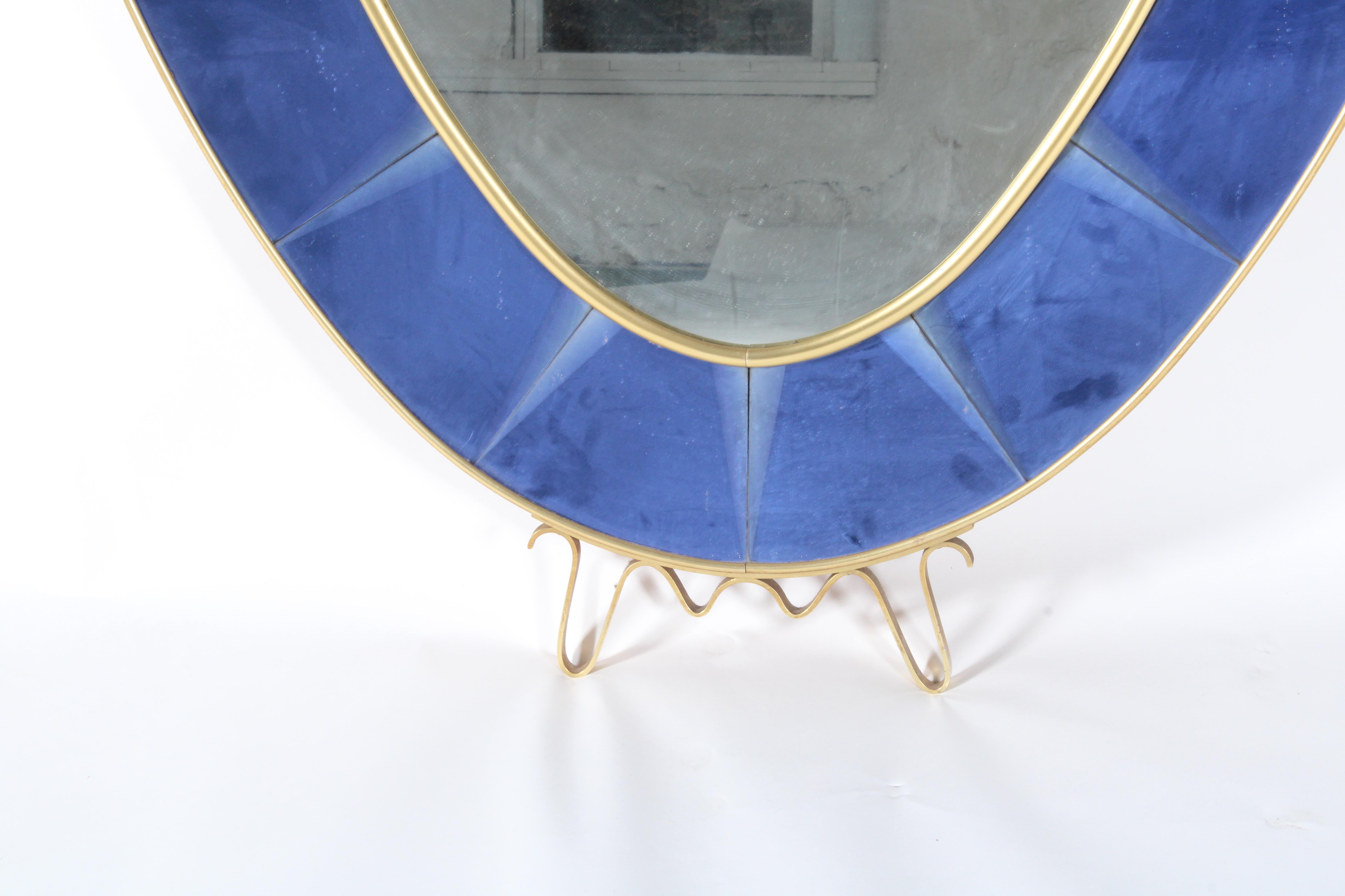 Glazed Striking Cobalt Blue Large Oval Cut Glass Floor Mirror By Cristal Arte Of Turin For Sale
