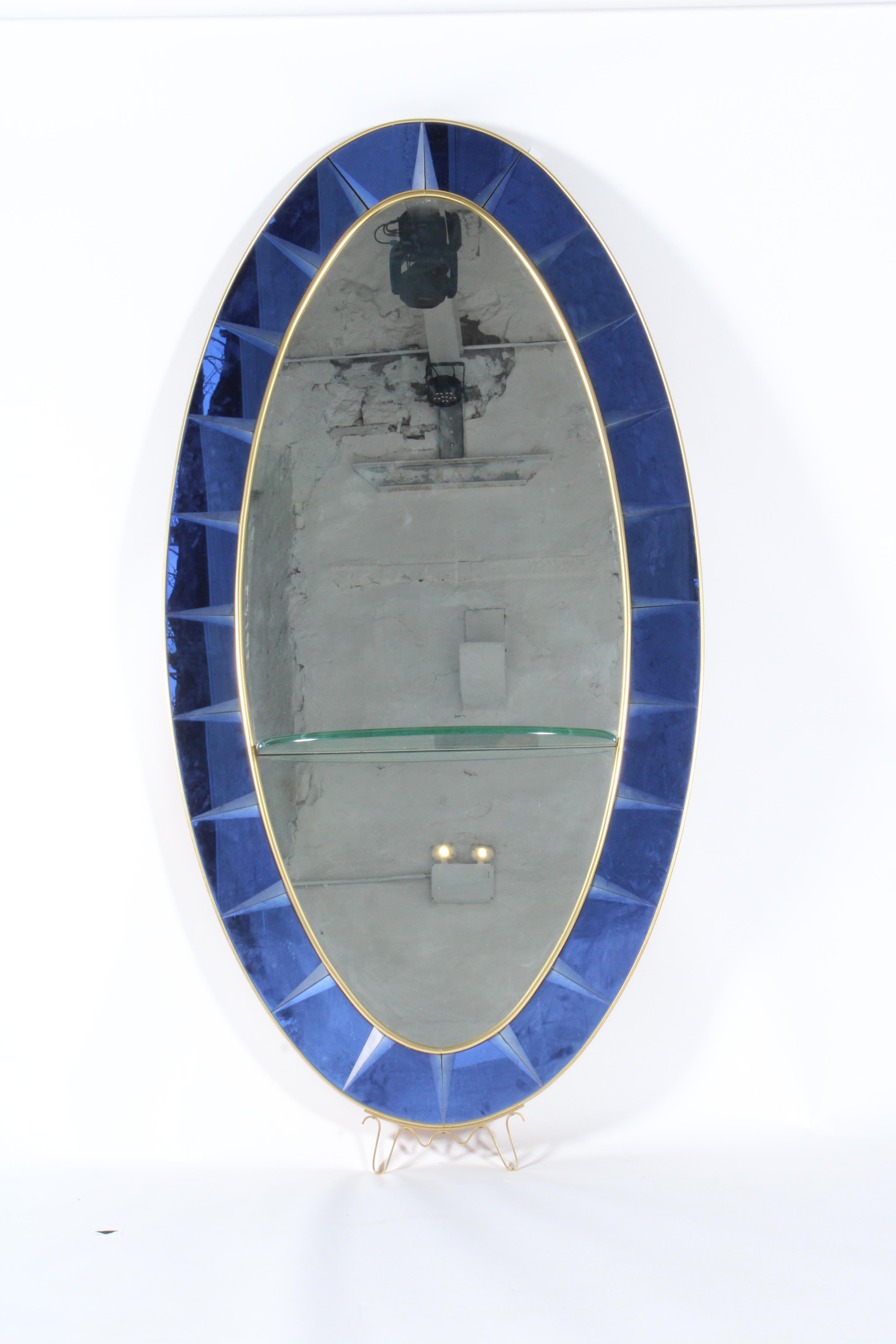 Mid-20th Century Striking Cobalt Blue Large Oval Cut Glass Floor Mirror By Cristal Arte Of Turin For Sale