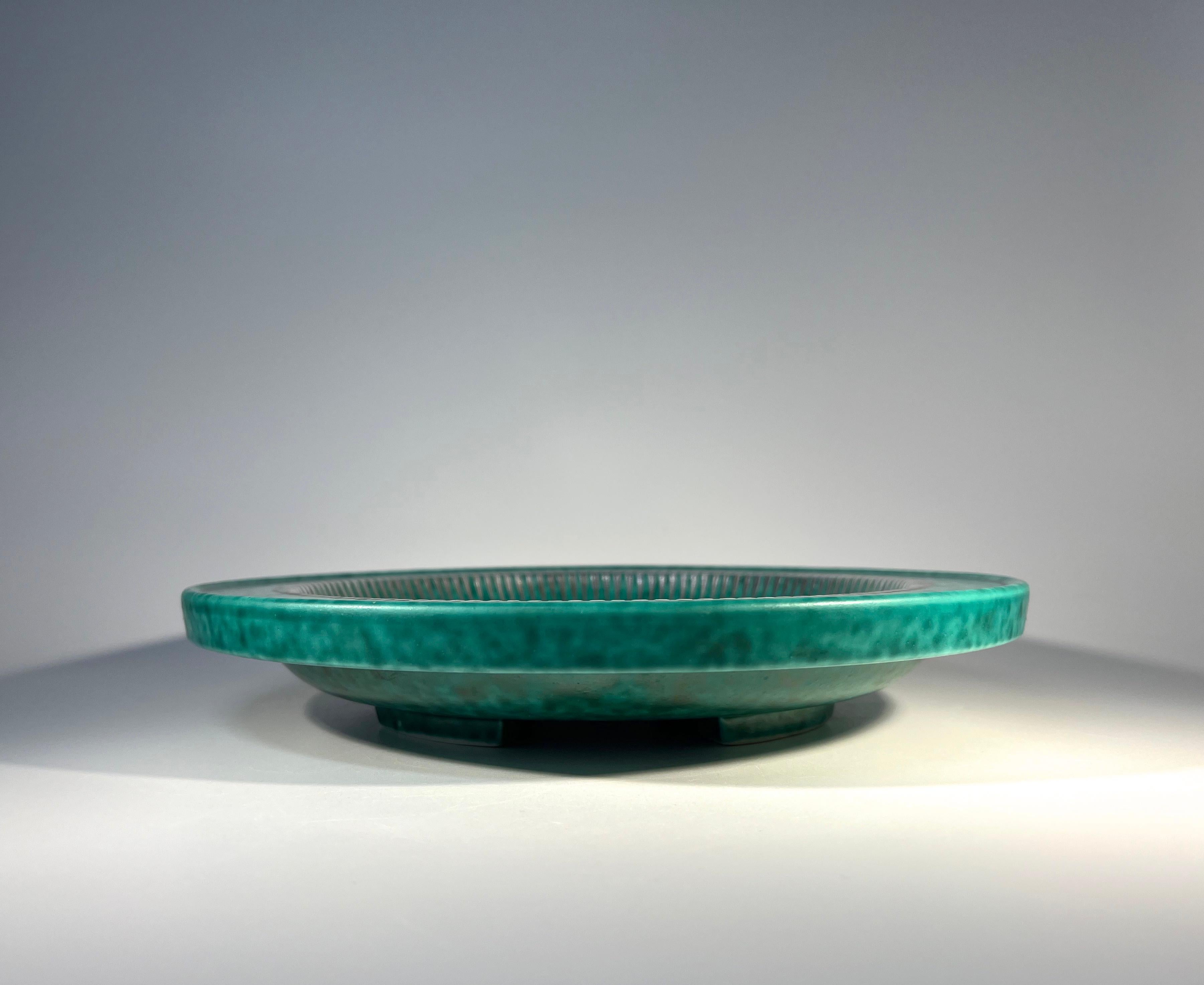 Glazed Striking Contemporary Applied Silver Dish, Wilhelm Kage, Argenta, Gustavsberg For Sale