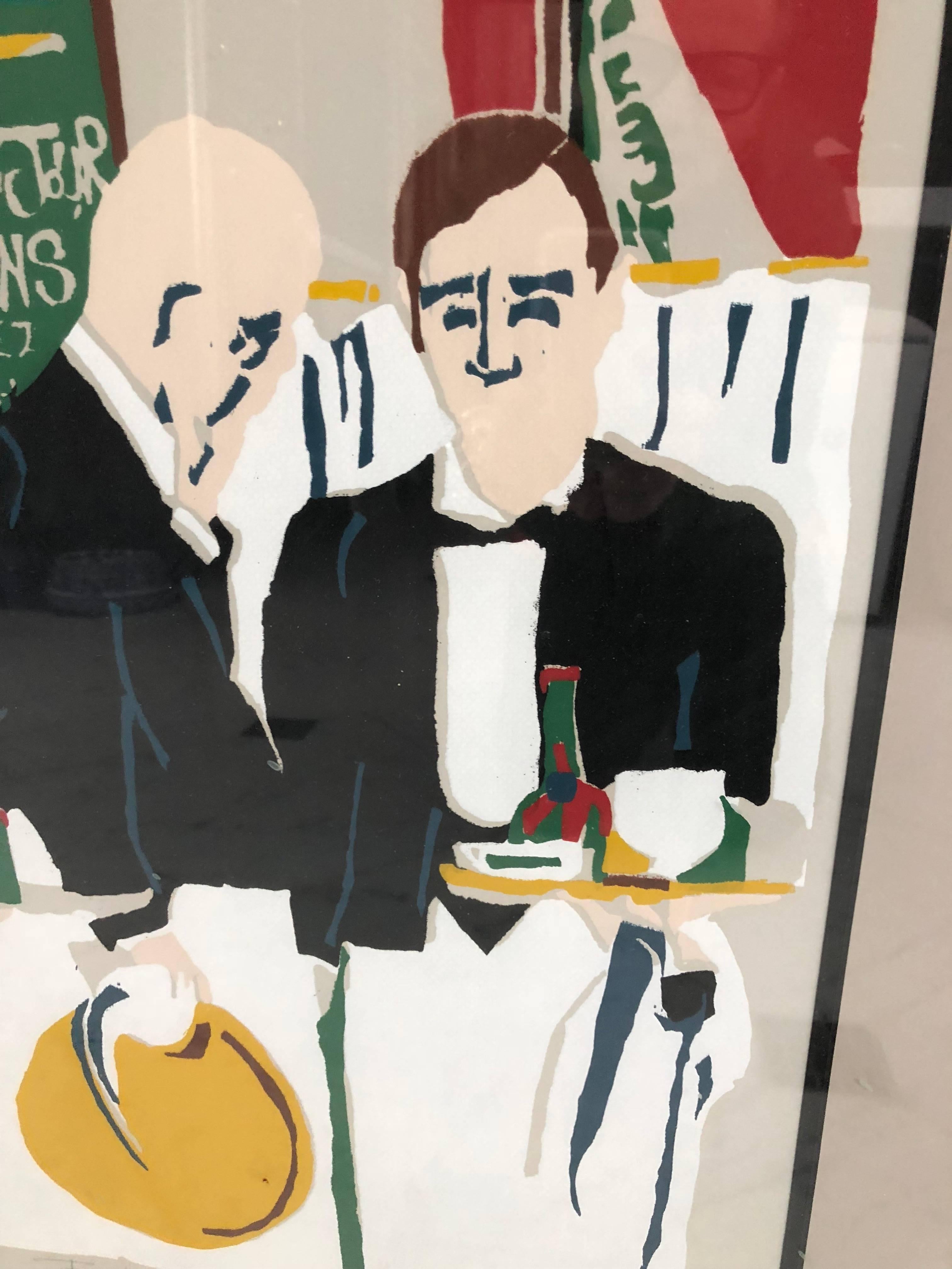 Unique and colorful lithograph in primary colors entitled “French Waiters” by contemporary artist Sandra Hall. Signed and numbered 27/50. Framed in a green/grey wooden frame.