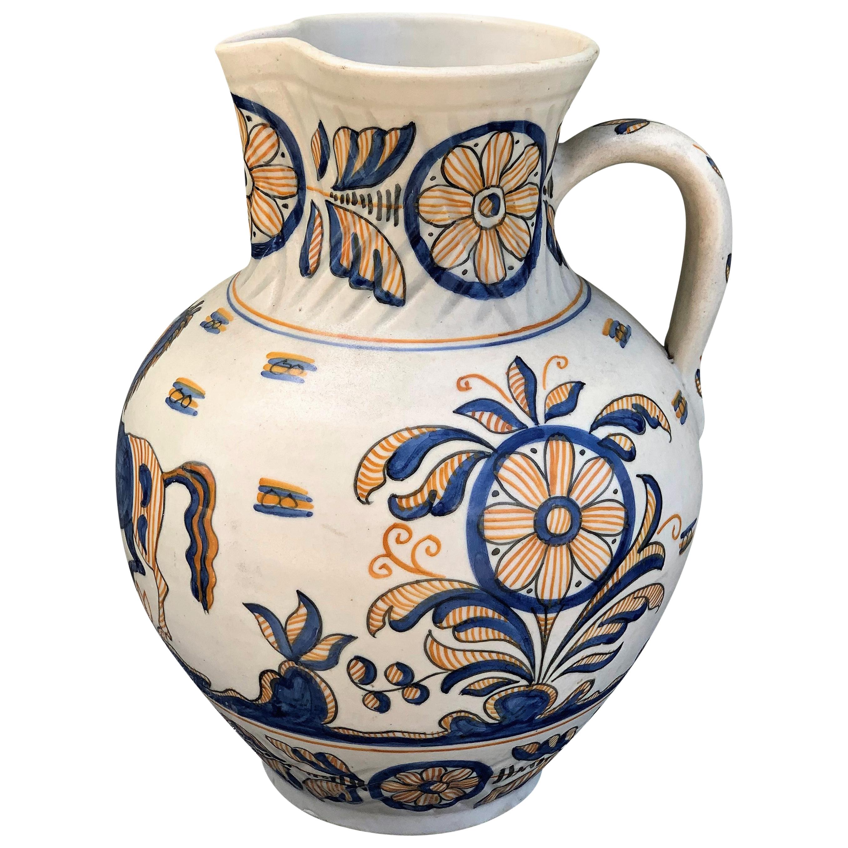 Striking Continental Glazed Earthenware Blue and Yellow Painted Urn, Talavera For Sale