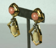 Striking Coral, Bone and Diamond Pendant Earrings