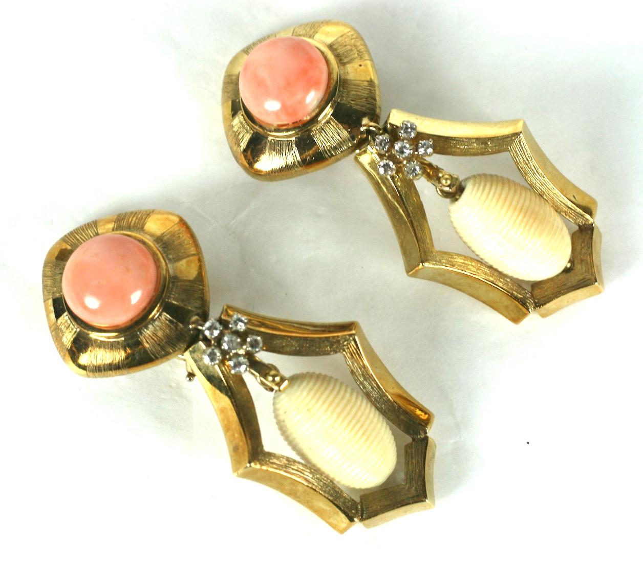 Striking Coral, Bone and Diamond Pendant Earrings In Excellent Condition For Sale In Riverdale, NY