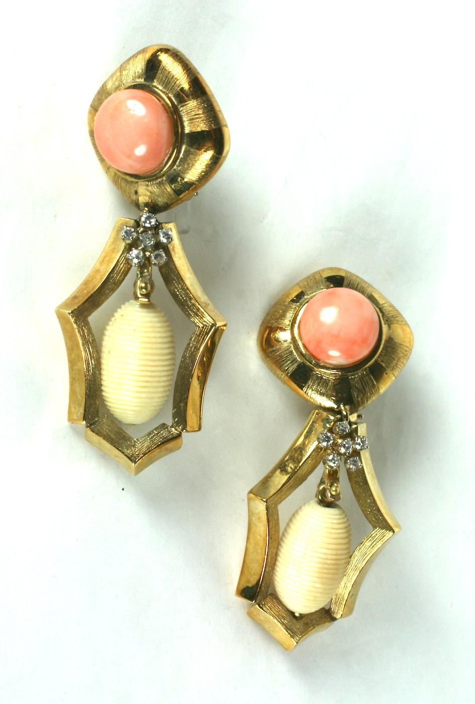 Women's Striking Coral, Bone and Diamond Pendant Earrings For Sale