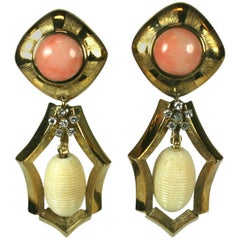 Striking Coral, Bone and Diamond Pendant Earrings