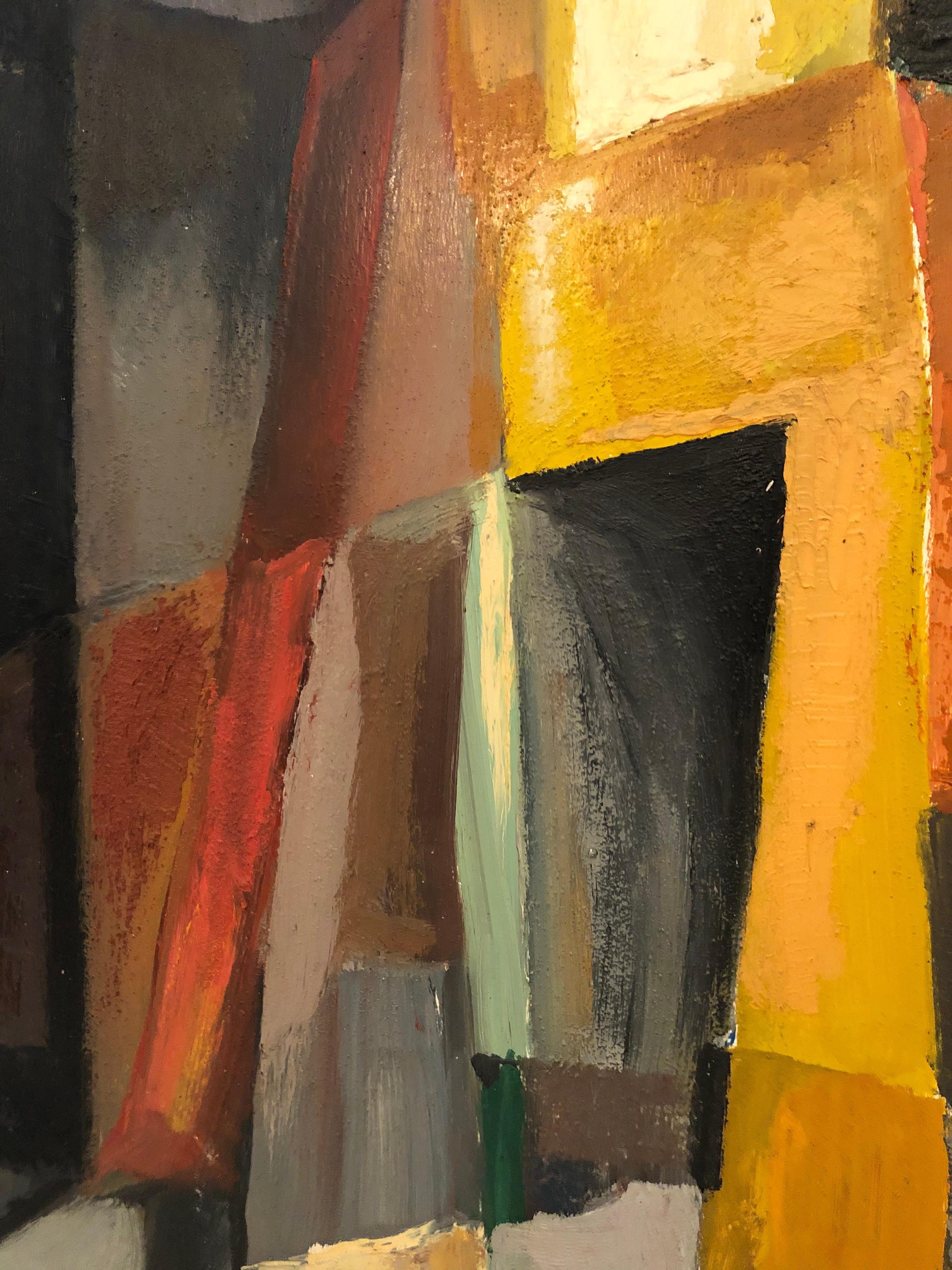 Painted Striking Cubist Abstract Painting in Orange, Yellow, Grey and Black