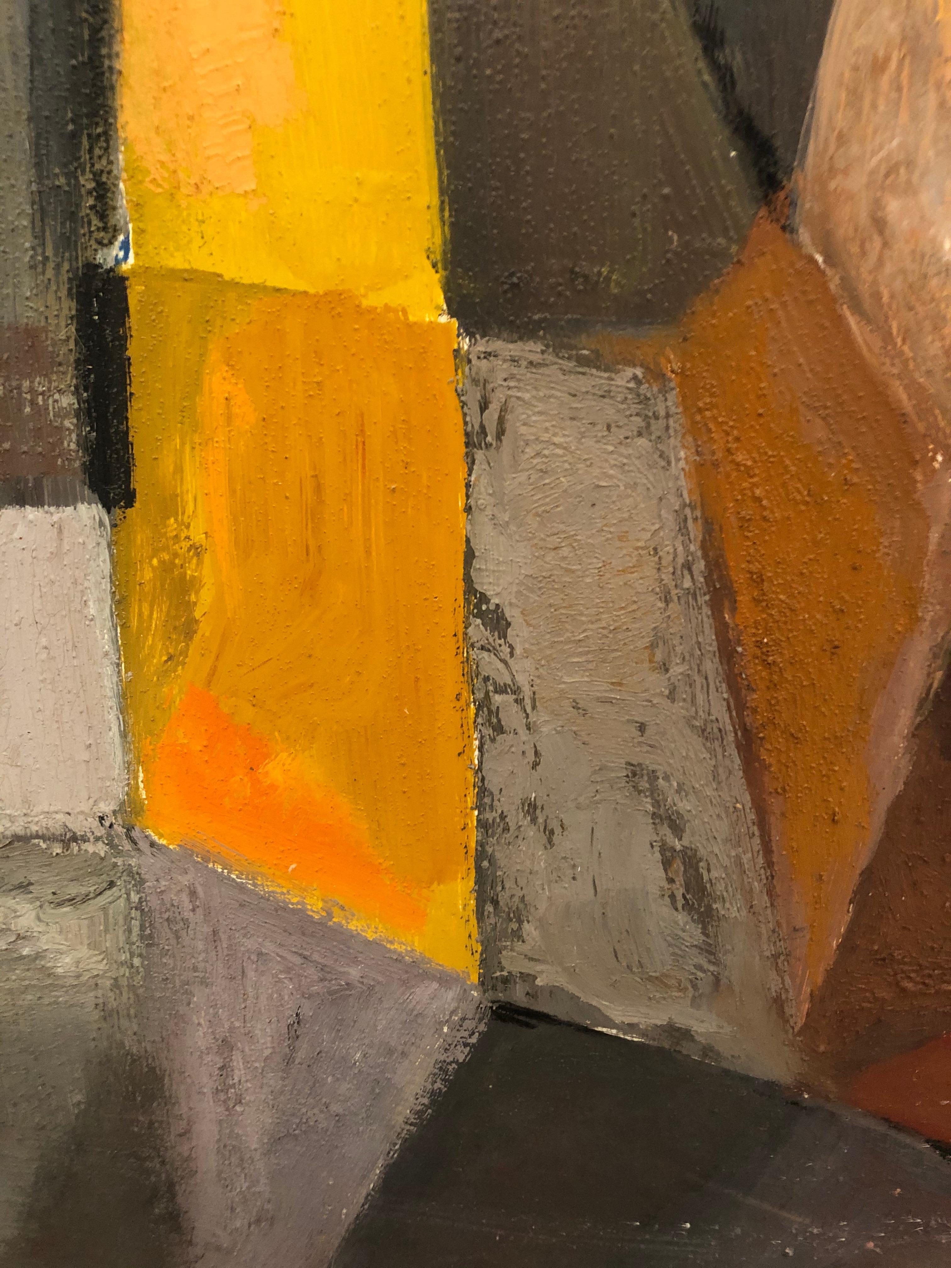 Striking Cubist Abstract Painting in Orange, Yellow, Grey and Black In Good Condition In Hopewell, NJ