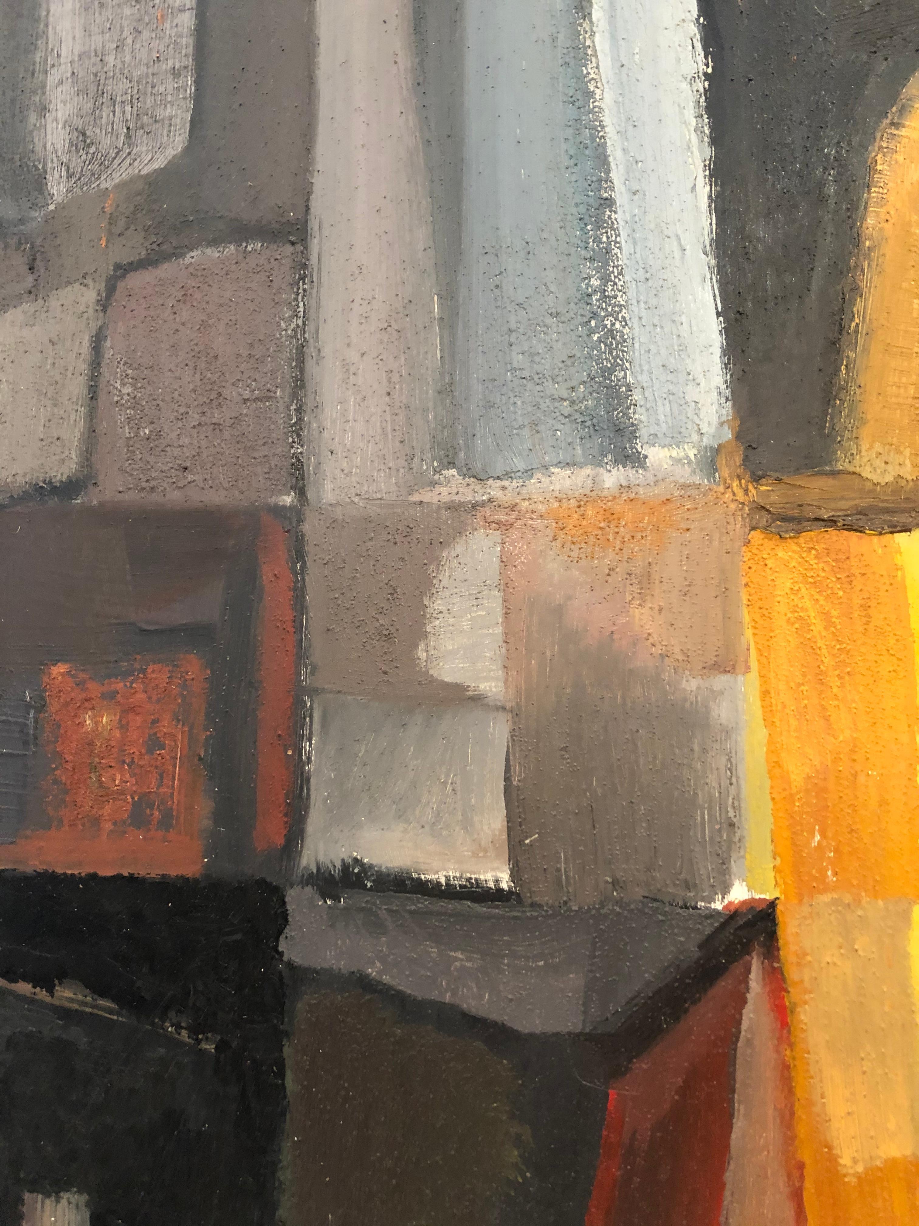 Mid-20th Century Striking Cubist Abstract Painting in Orange, Yellow, Grey and Black