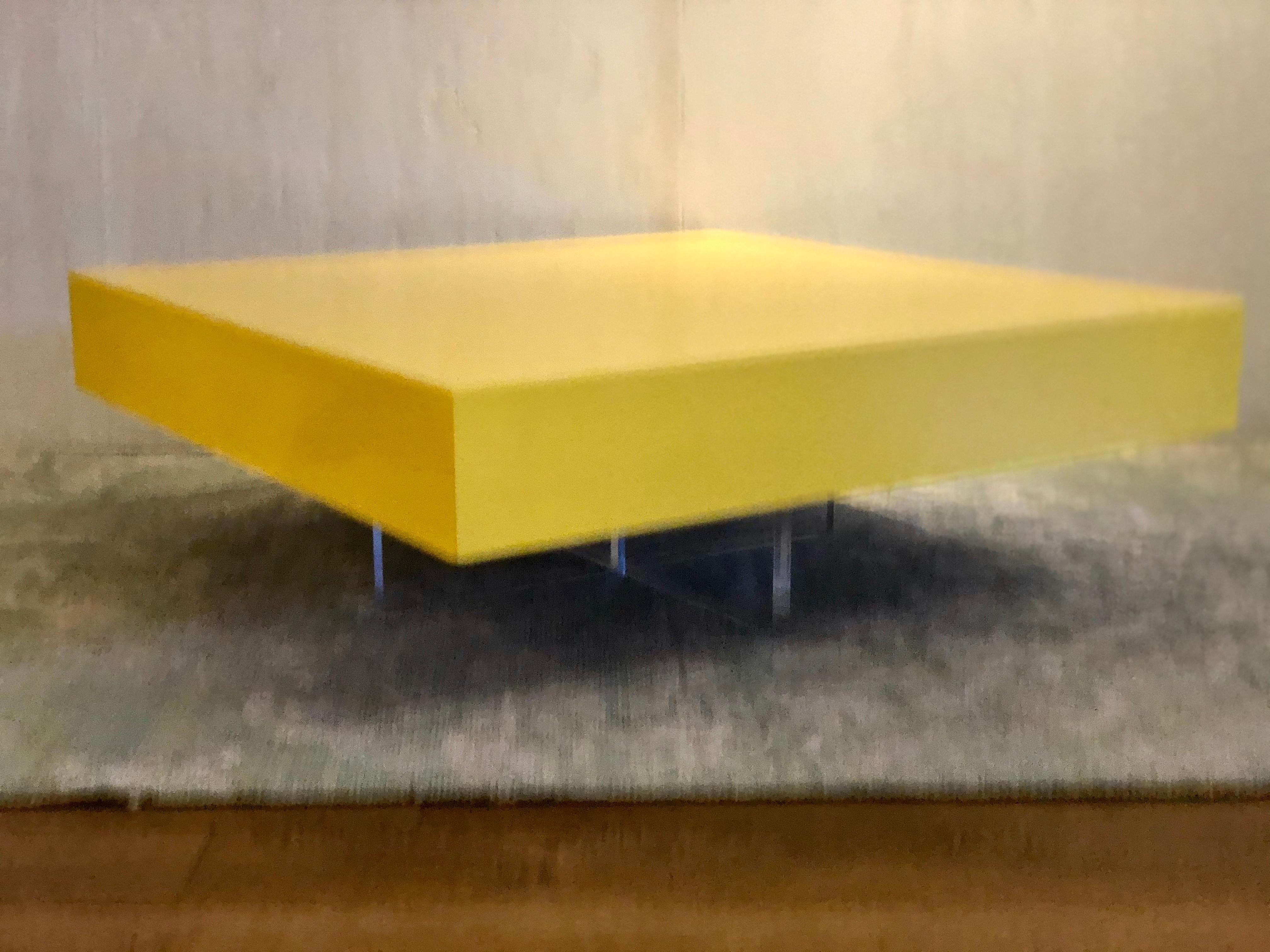 Striking Custom Color Yellow Lacquer Square Coffee Table and X Lucite
