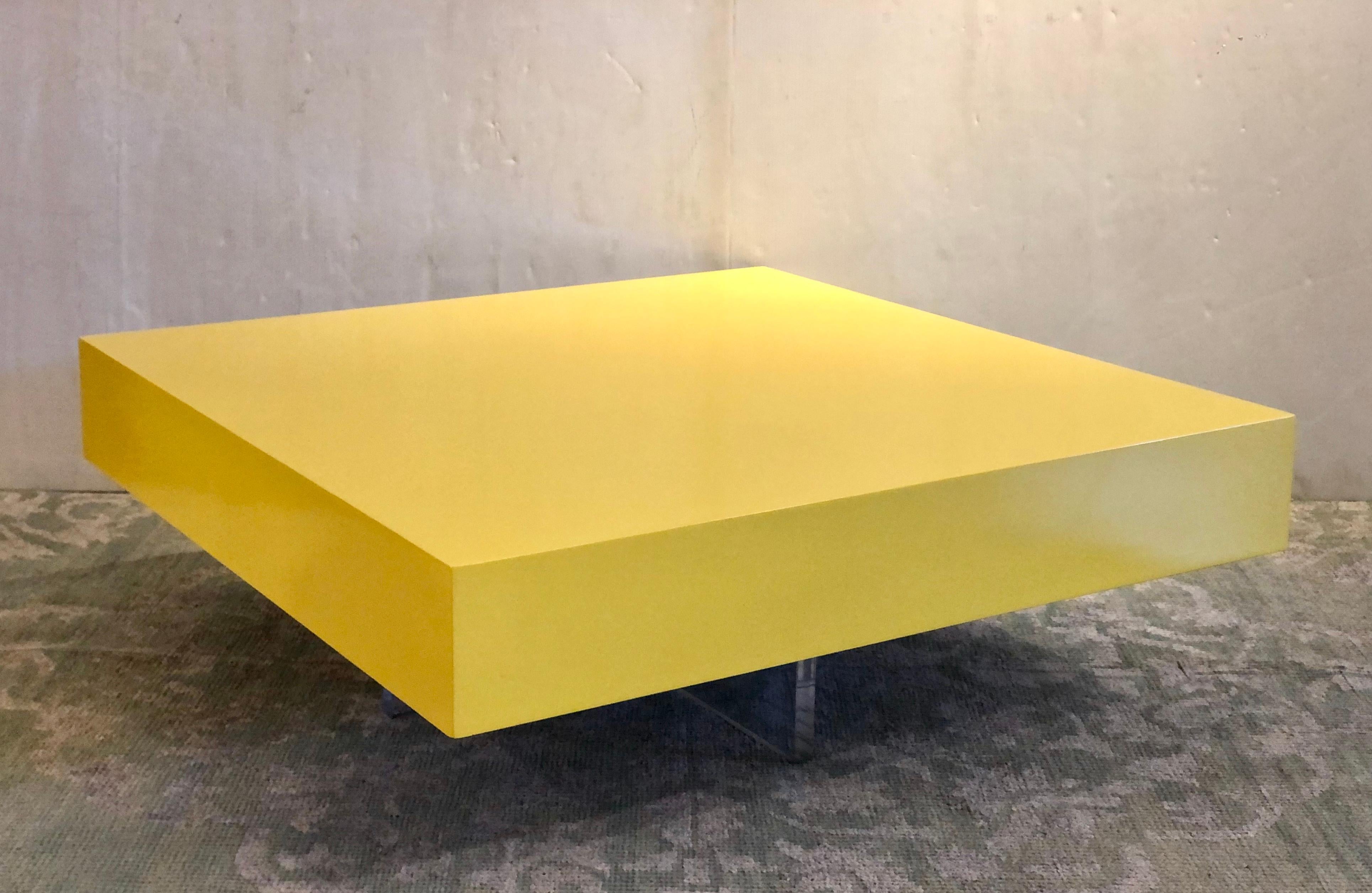 Striking Custom Color Yellow Lacquer Square Coffee Table and X Lucite Base at 1stDibs yellow