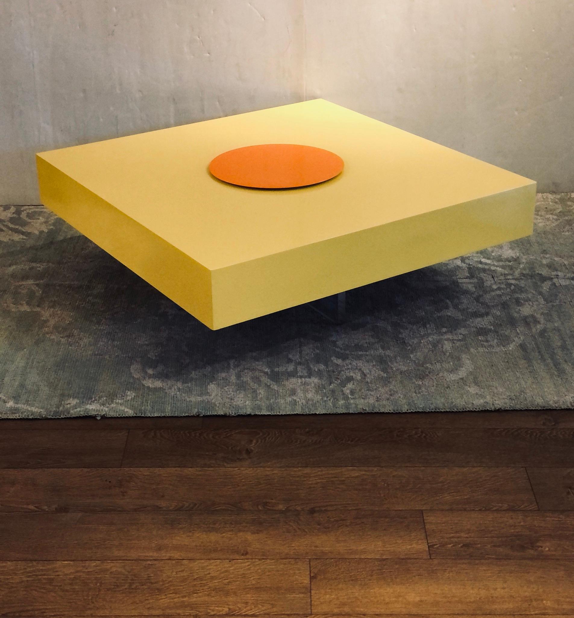 Striking Custom Color Yellow Lacquer Square Coffee Table and X Lucite Base at 1stDibs yellow
