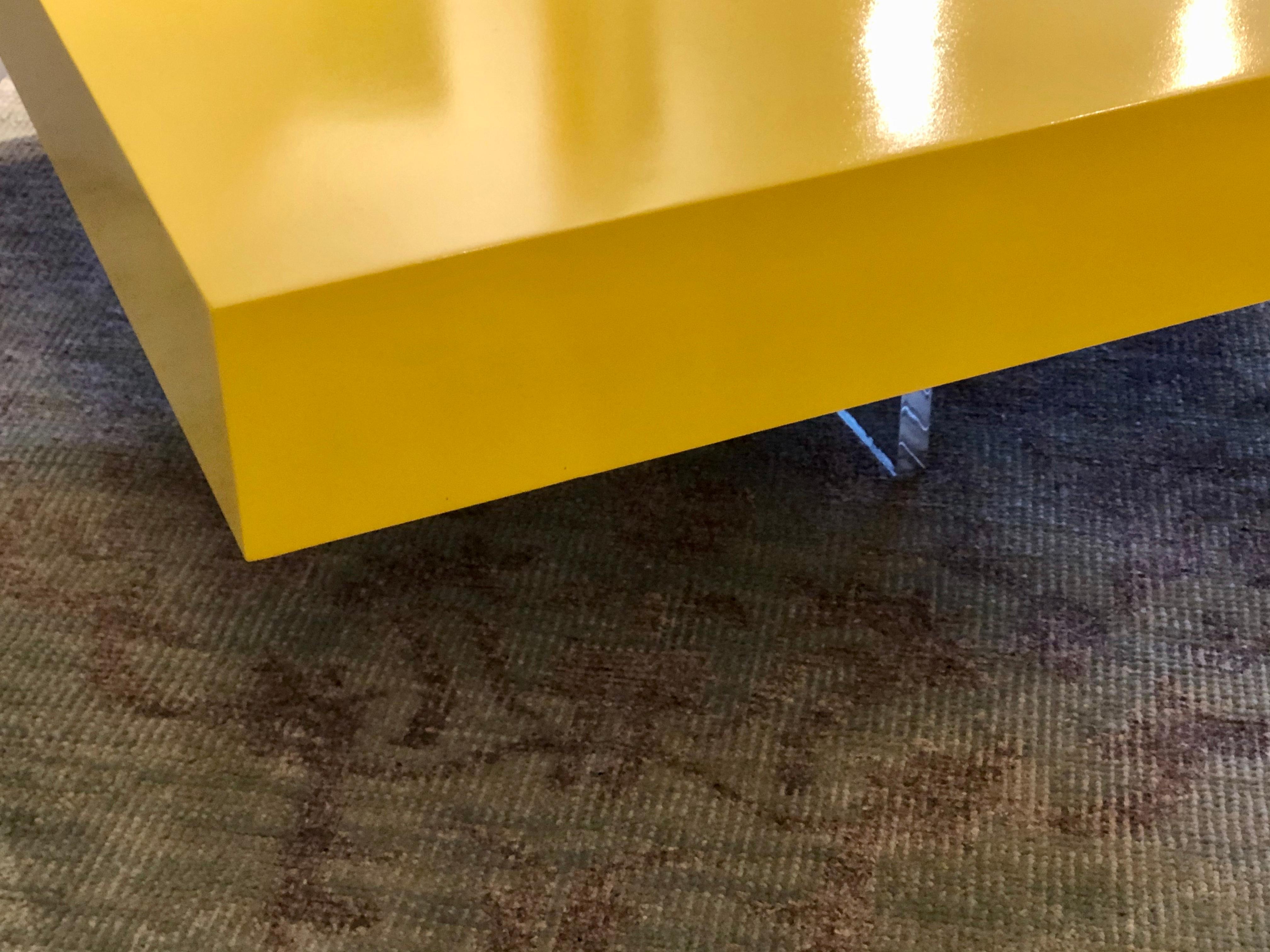 Striking Custom Color Yellow Lacquer Square Coffee Table and X Lucite Base at 1stDibs yellow