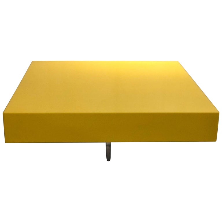Striking Custom Color Yellow Lacquer Square Coffee Table and X Lucite