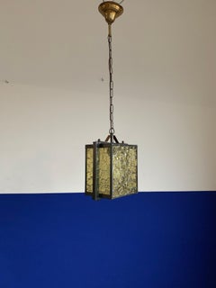 Striking Design 1930 Cubical Shape Copper Pendant / Lantern with Ripple Glass
