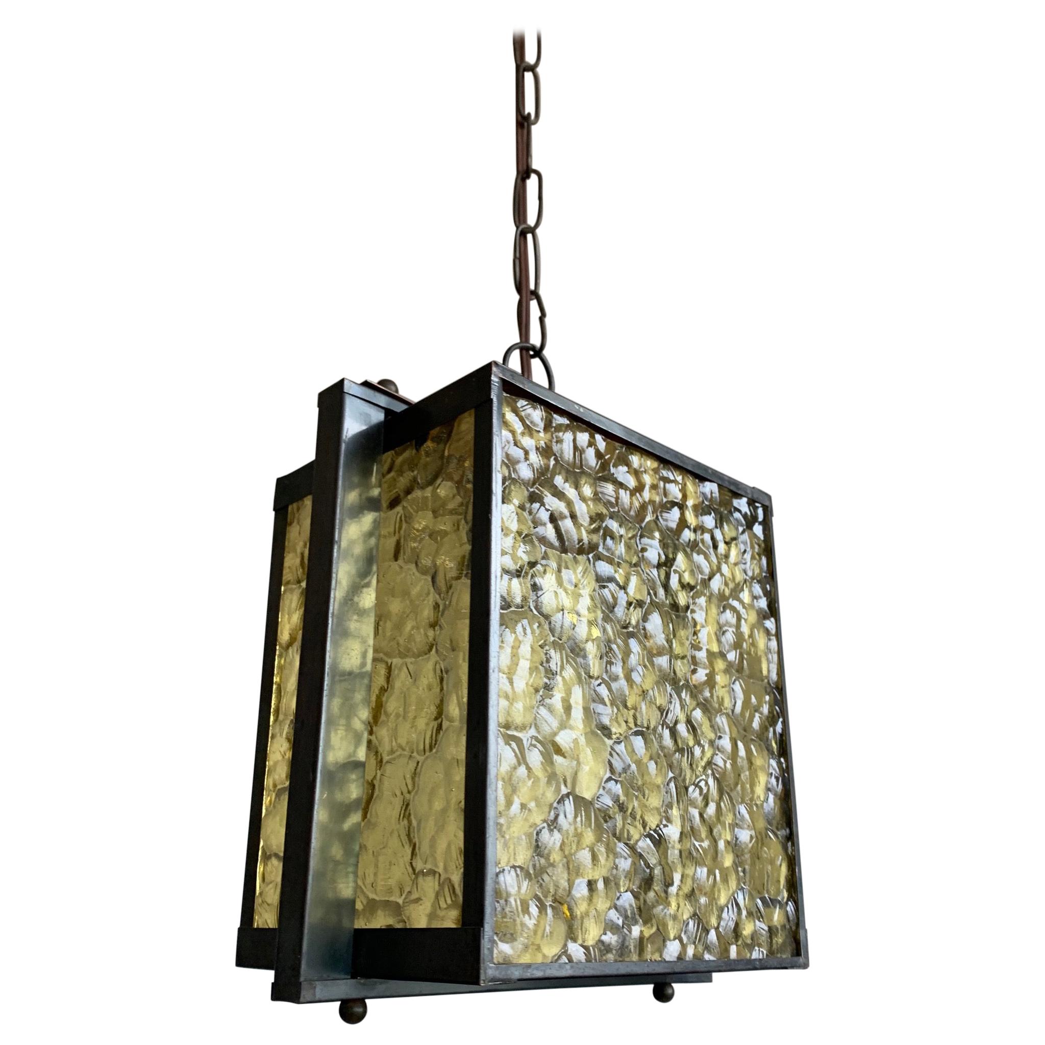 Striking Design 1930 Cubical Shape Copper Pendant / Lantern with Ripple Glass