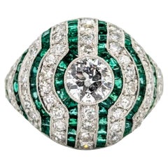 Striking Diamond & Emerald Dome Ring in Platinum- GIA 5232584334