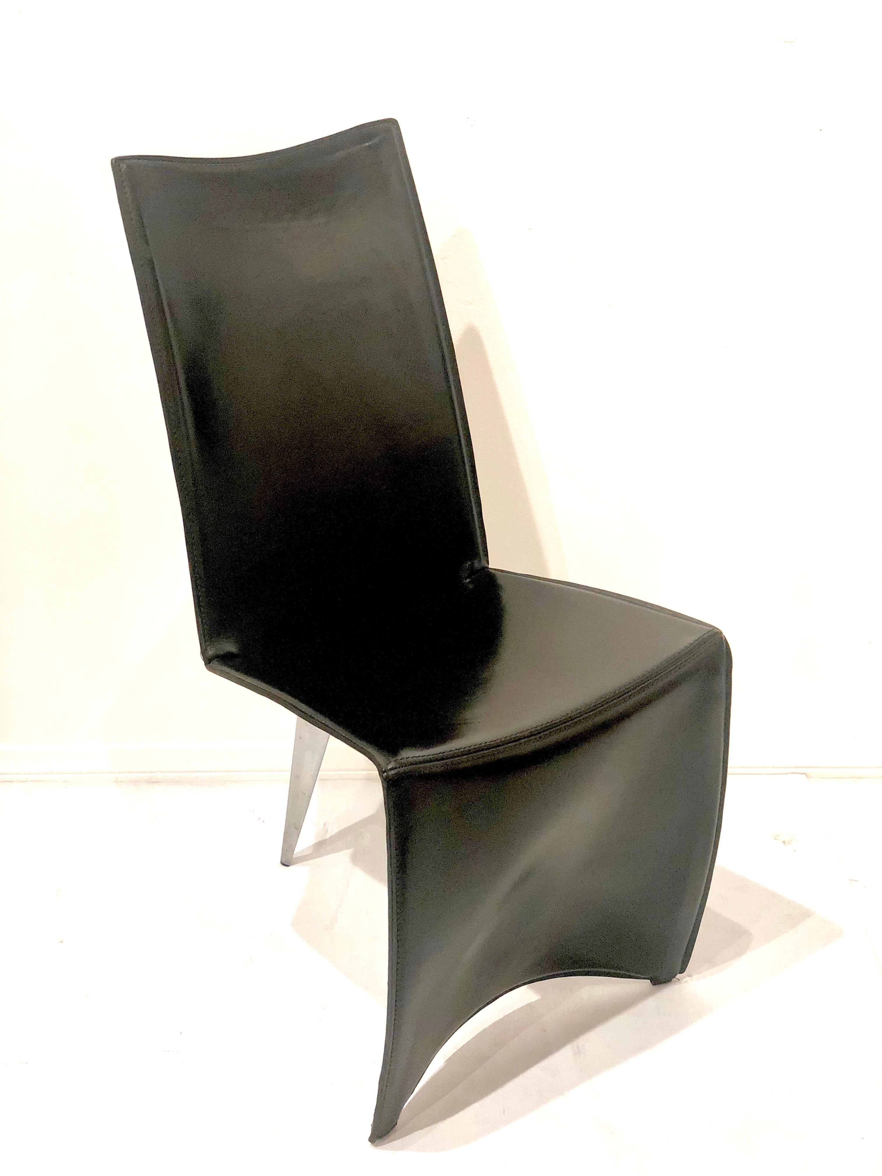 Elegant piece of art chair by Philippe Starck for Driade, circa 1987 in black leather , and polished aluminum back leg.