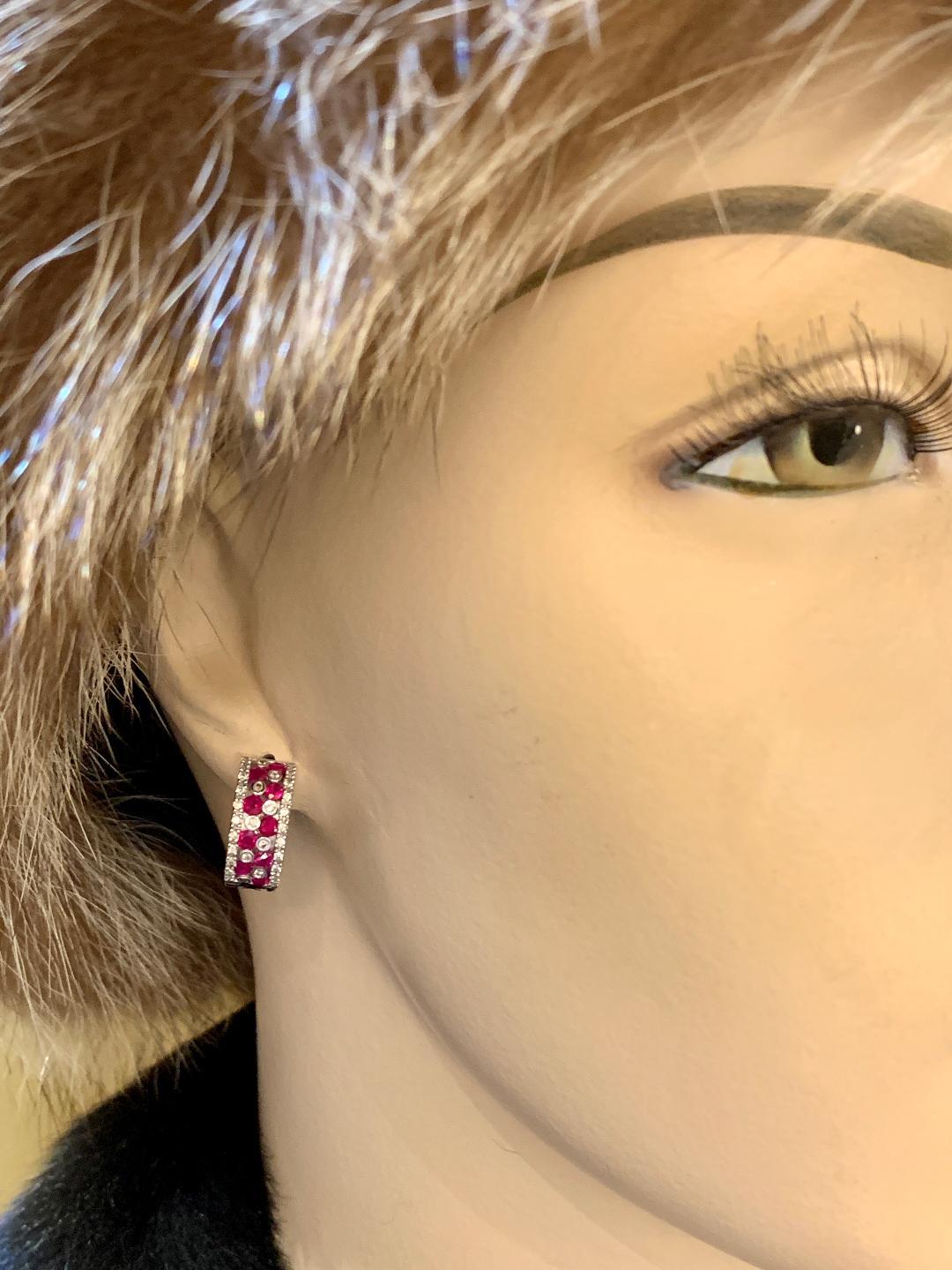 Striking Effy Ruby and Diamond Checkerboard White Gold Pierced Hoop Earrings 3