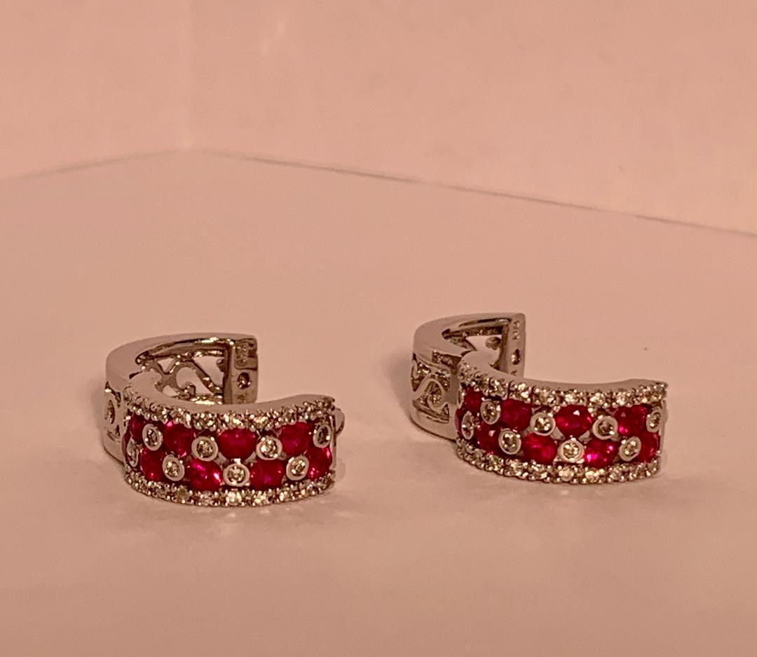 Striking Effy Ruby and Diamond Checkerboard White Gold Pierced Hoop Earrings In Excellent Condition In Tustin, CA