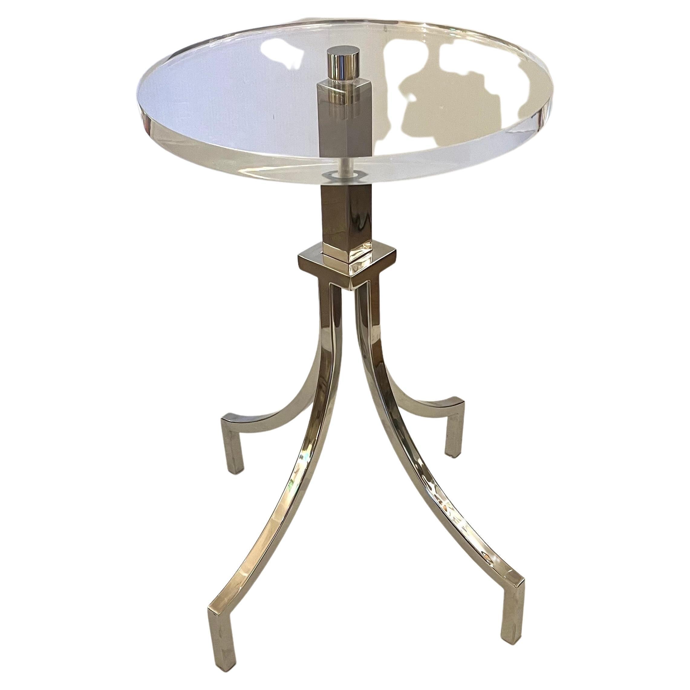 American Striking Elegant Solid Thick Lucite Top & Nickel Plated Base End Cocktail table For Sale