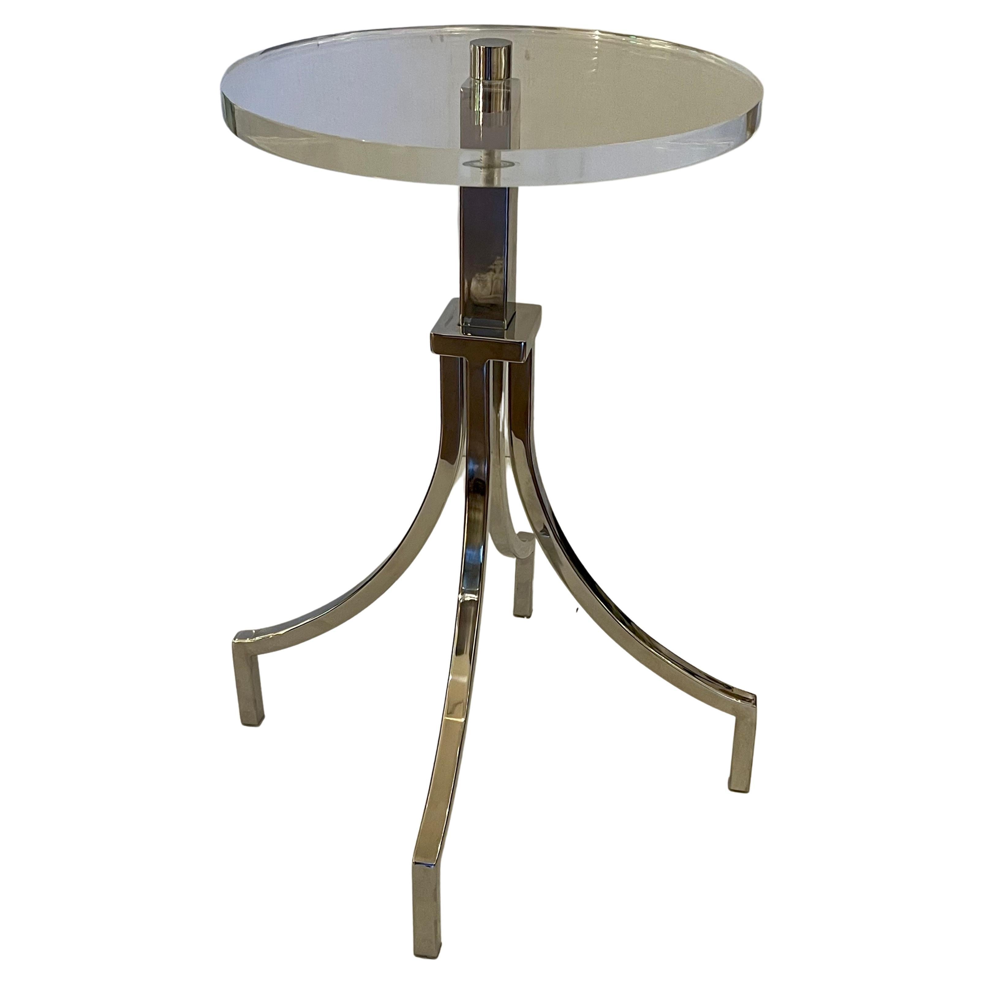 Striking Elegant Solid Thick Lucite Top & Nickel Plated Base End Cocktail table In Excellent Condition For Sale In San Diego, CA
