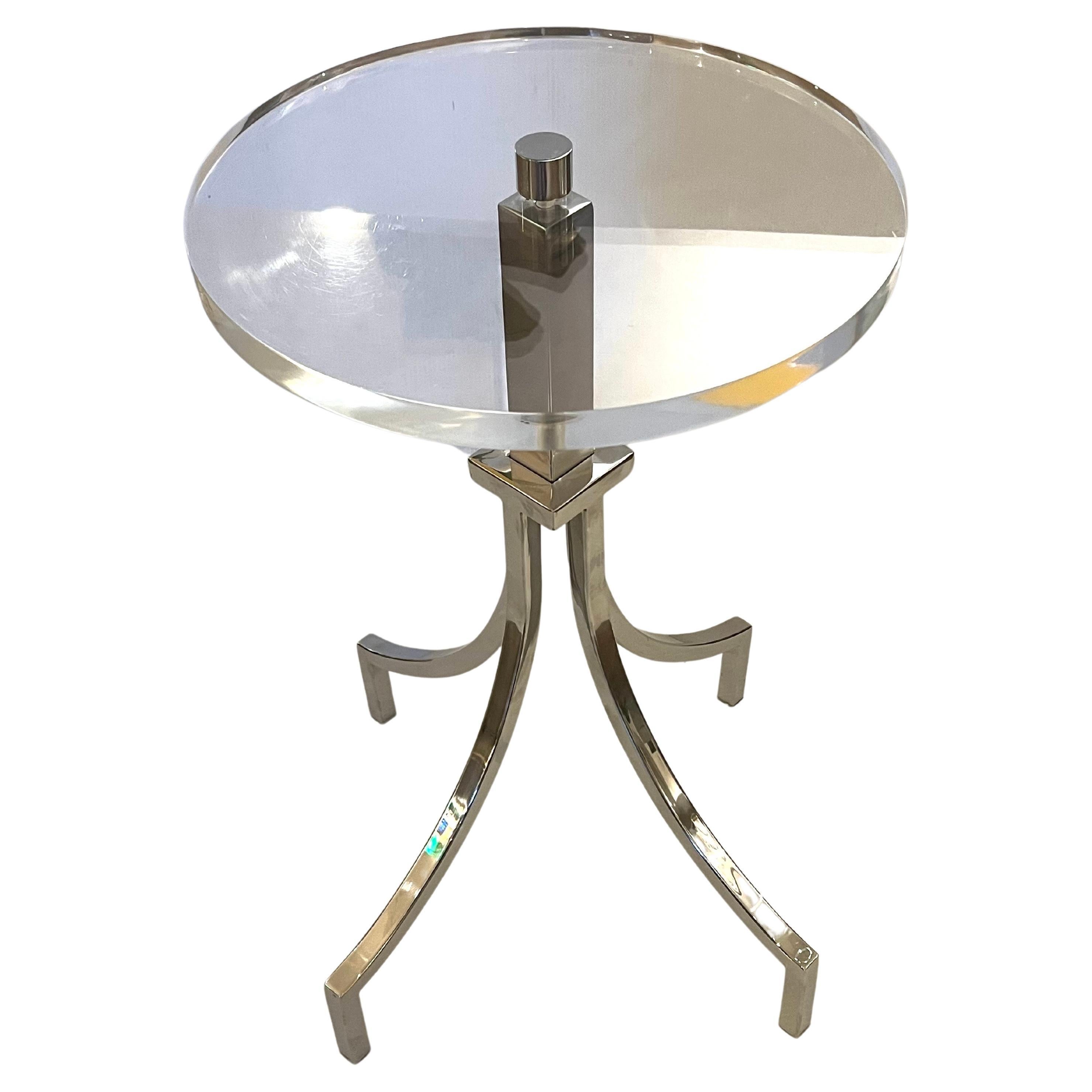 Striking Elegant Solid Thick Lucite Top & Nickel Plated Base End Cocktail table For Sale