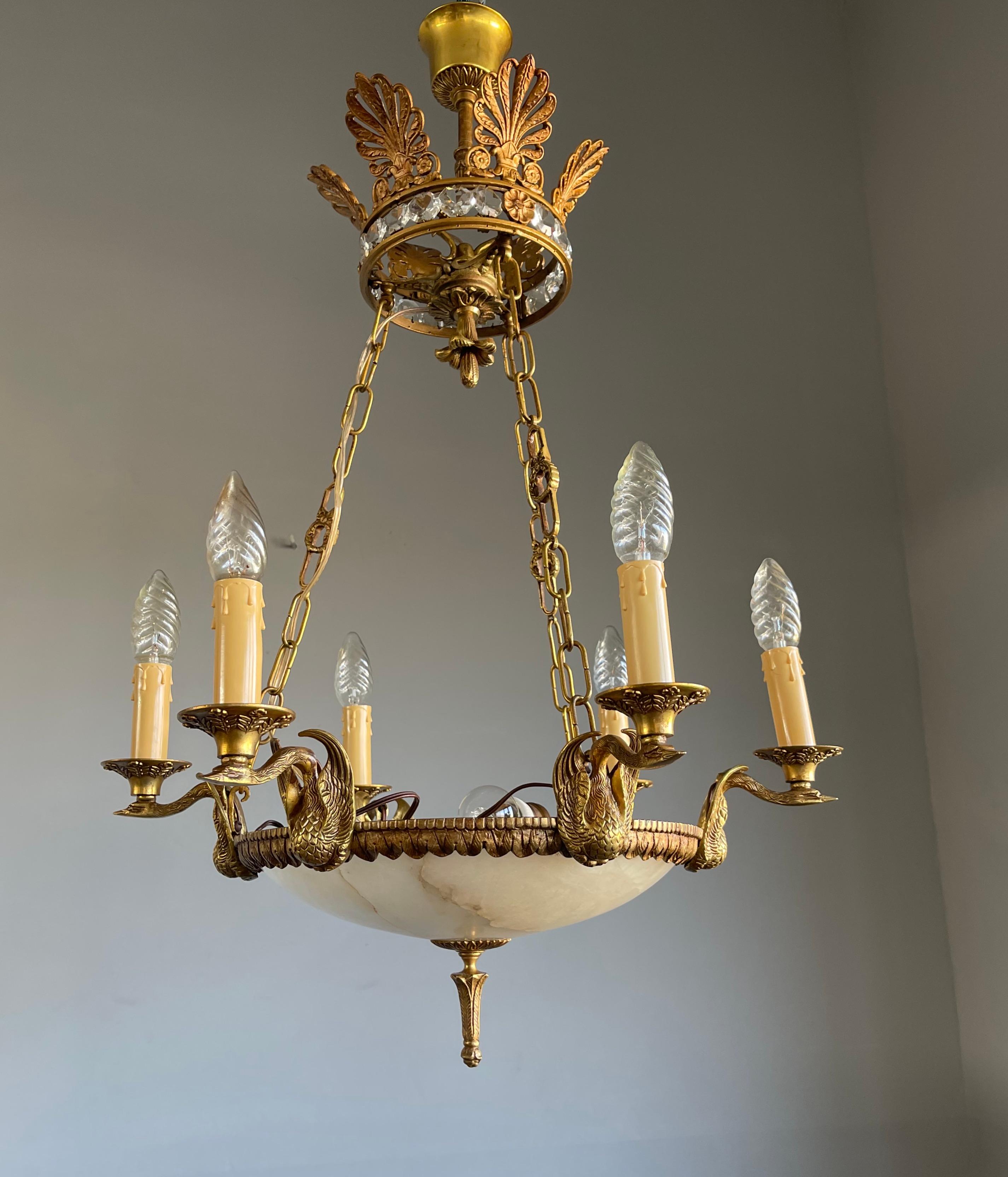 Cast Striking Empire Style Gilt Bronze, Crystal Glass & Alabaster Stone Pendant Light For Sale
