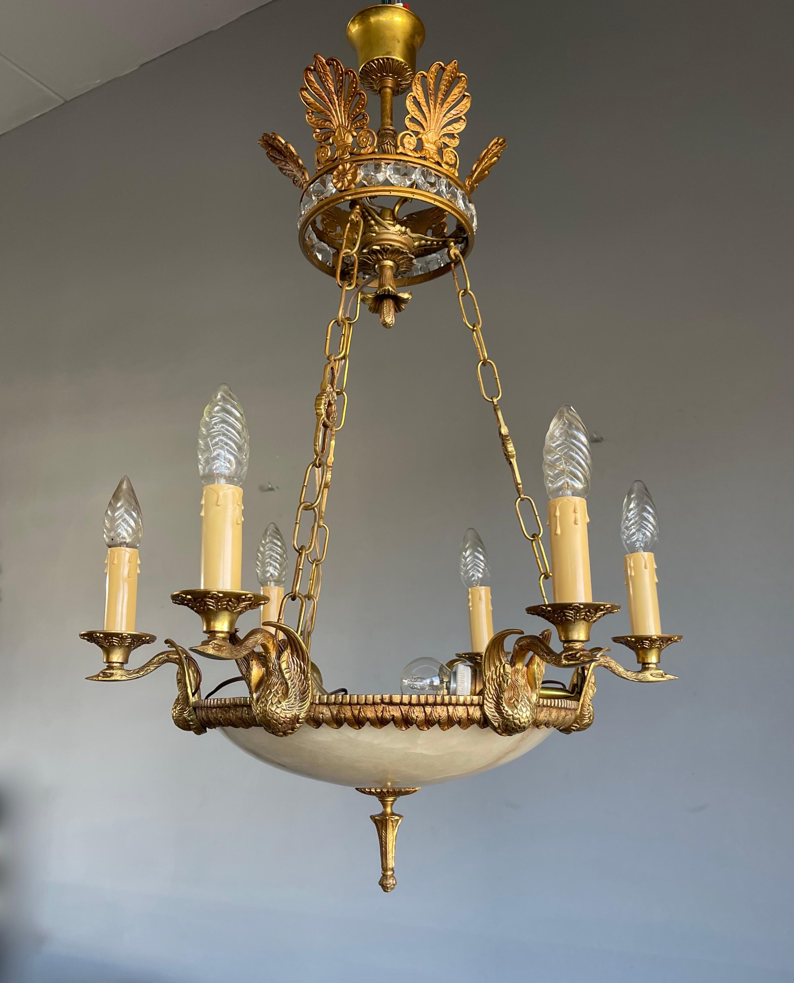 Striking Empire Style Gilt Bronze, Crystal Glass & Alabaster Stone Pendant Light In Good Condition For Sale In Lisse, NL