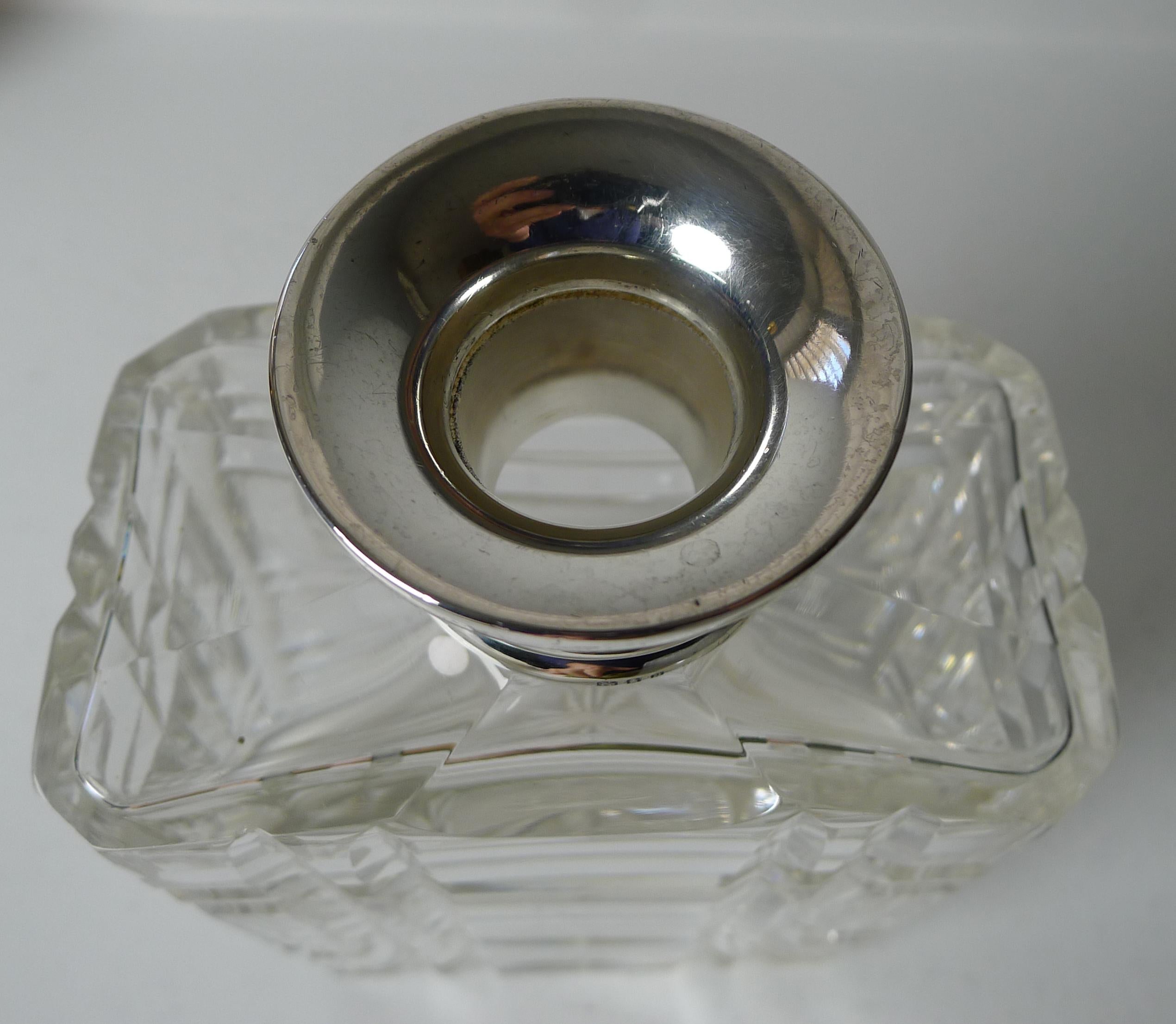 Hand-Carved Striking English Cut Crystal and Sterling Silver Art Deco Decanter, 1935 For Sale